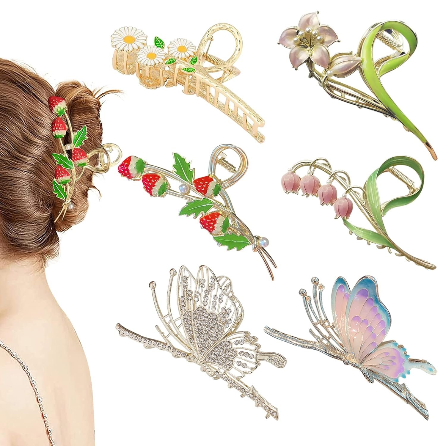 6 Pcs Hair Claw Clips for Women 4.3 Inch Large Strong Butterfly Flower Claw | Butterfly Hair Clips, Thin Thick Curly Hair, Metal No Slip Hair Accessories