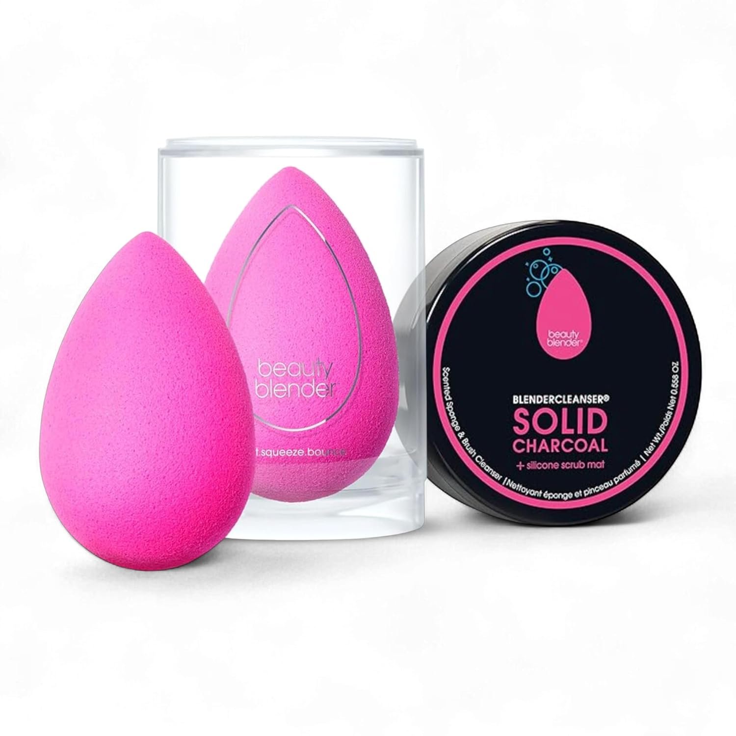 Beautyblender Original Pink + Blendercleanser Solid Charcoal Set | Includes original pink sponge, solid charcoal cleanser & silicone scrub mat, vegan & cruelty-free, made in the USA