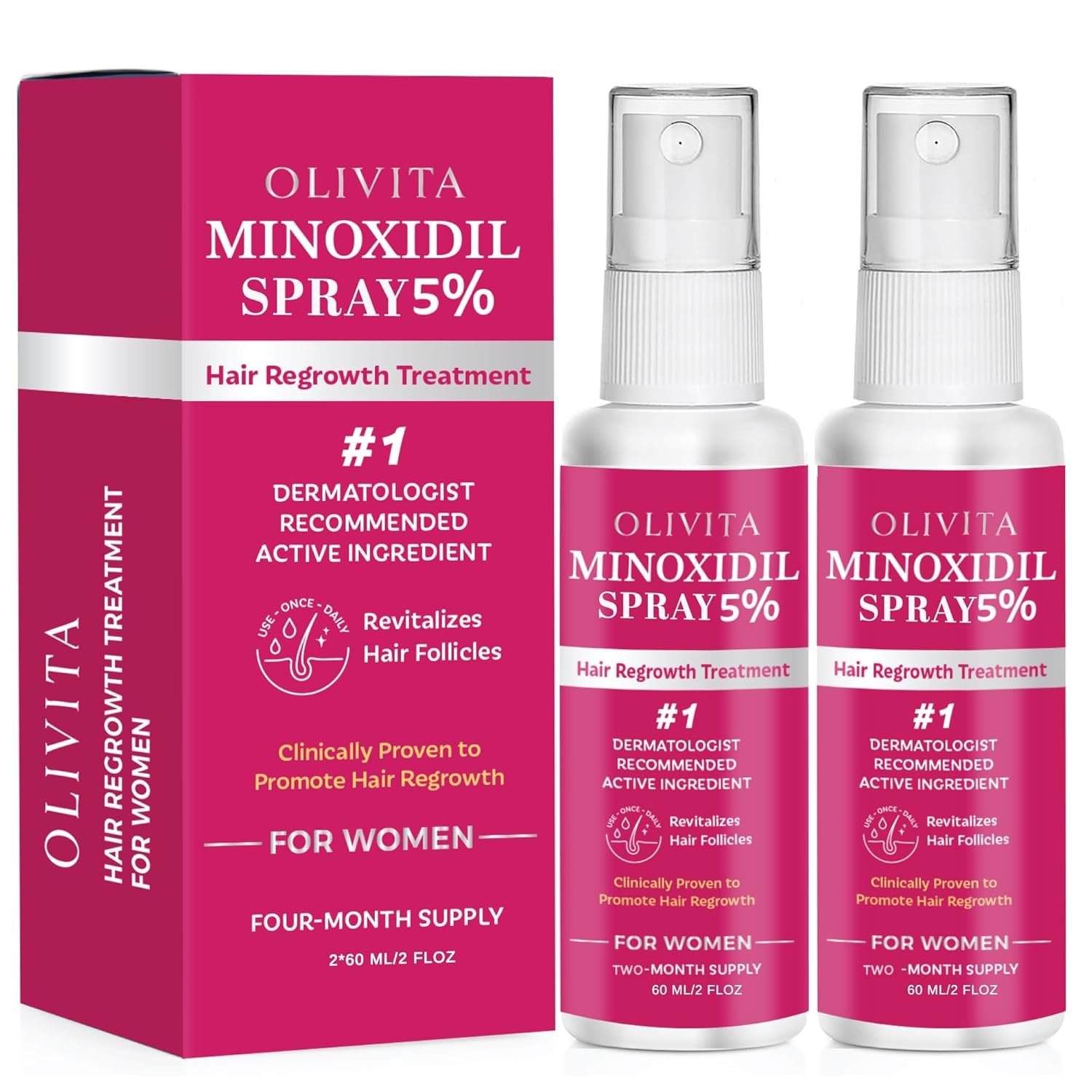 5% Minoxidil Spray for Women Hair Growth: Extra Strength Hair Regrowth Treatment – Revitalize Hair Follicles & Regrow Thicker, Fuller Hair – Hair Loss Solution – 2 Packs