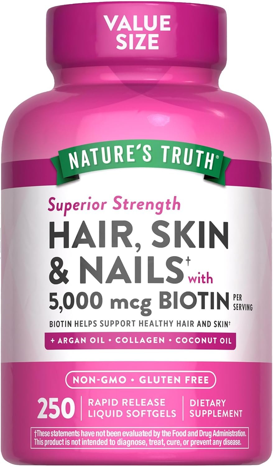 Nature’s Truth Hair, Skin & Nails Vitamins | 5000mcg | 250 Softgels | Includes Collagen, Biotin and Coconut Oil | Non-GMO & Gluten Free Supplement for Women and Men