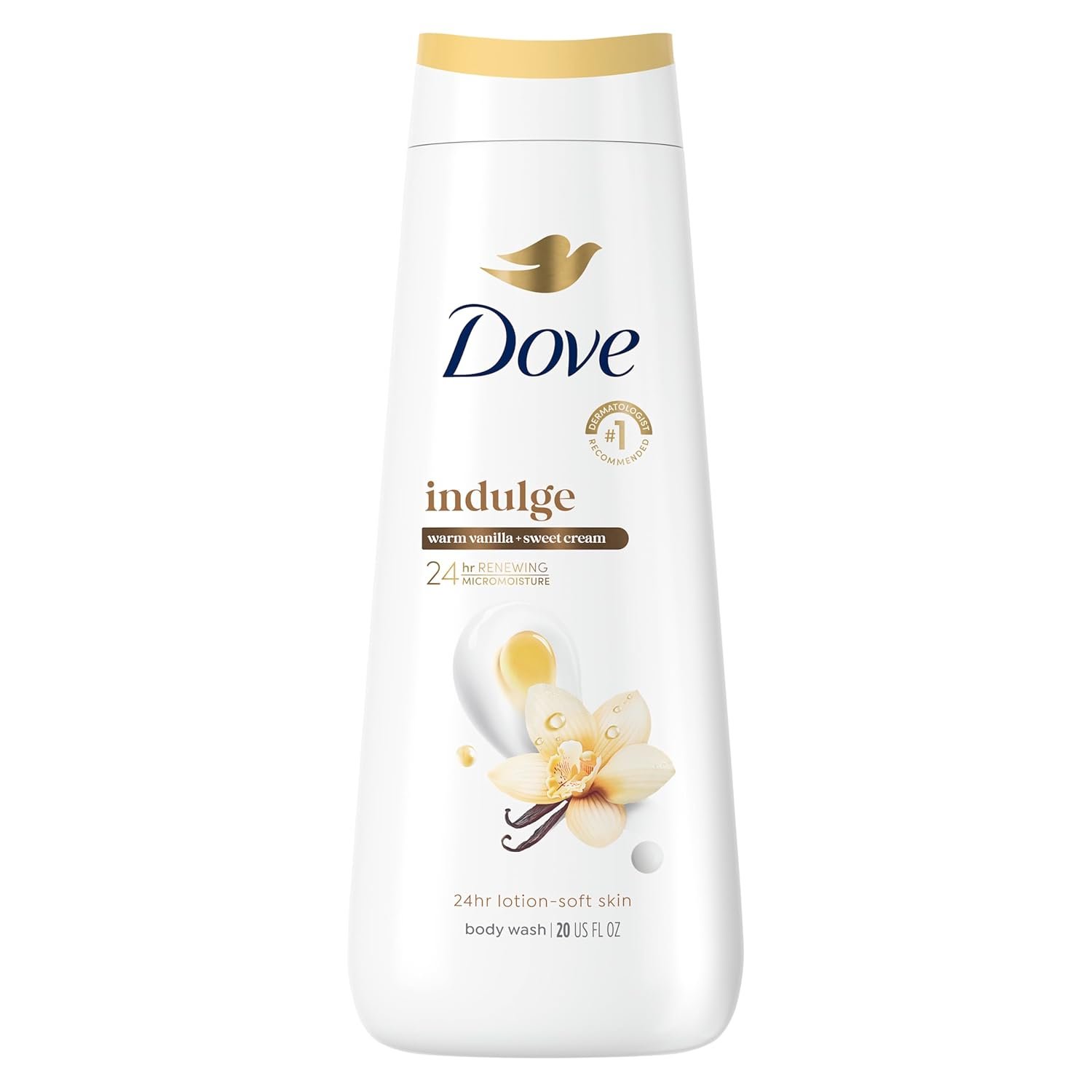 Dove 24hr Lotion Body Wash Indulge Warm Vanilla & Sweet Cream, 20 oz | Moisturizing body wash with MicroMoisture for silky-soft skin
