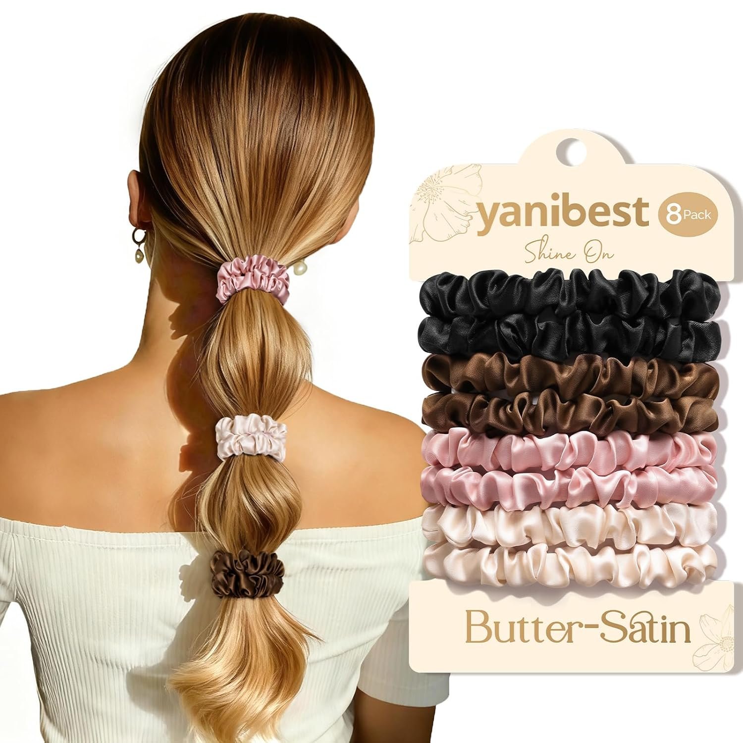 Yanibest 8 Pcs Satin Hair Ties – Thin Hair Scrunchies for Women & Girls | Silk Feeling Soft Hair Ties No Damage Frizz Free, Ponytail Holders Gentle on Hair for Fine to Medium Hair