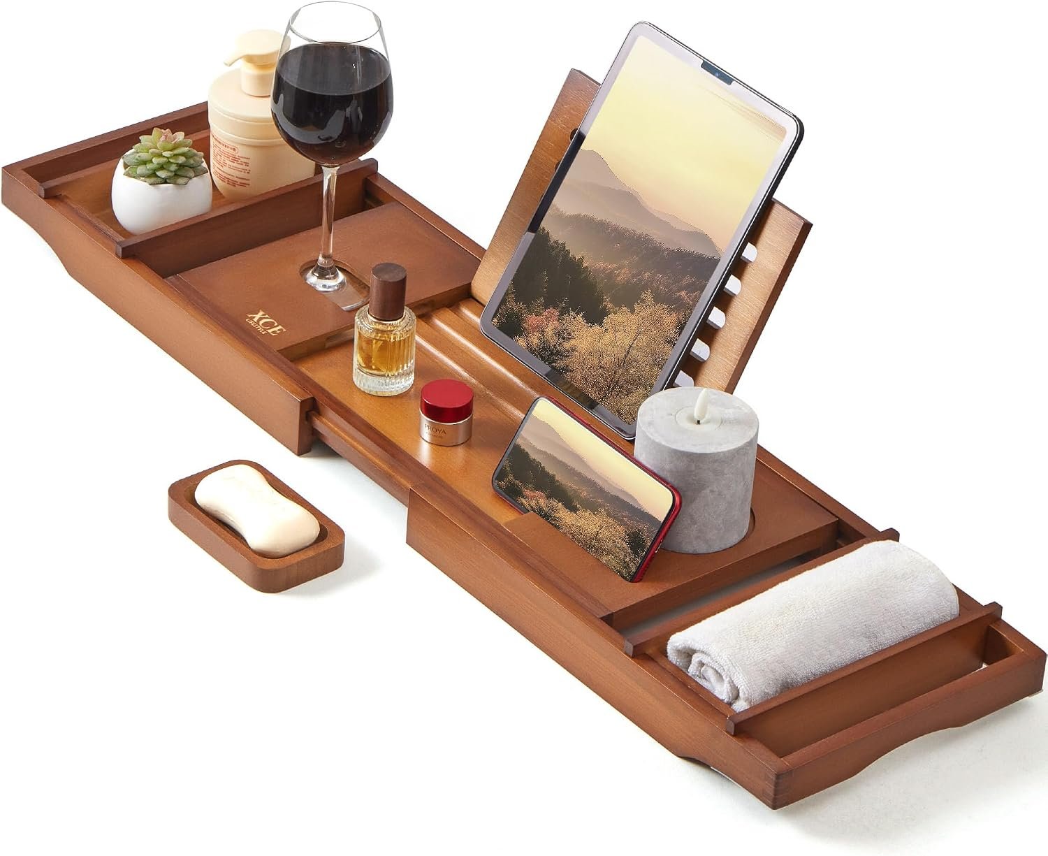 Bamboo Bathtub Caddy Tray with Book Stand & Soap Holder, Brown | Expandable to 41 Inches & Anti-Slip Pads for Luxury Bath Spa