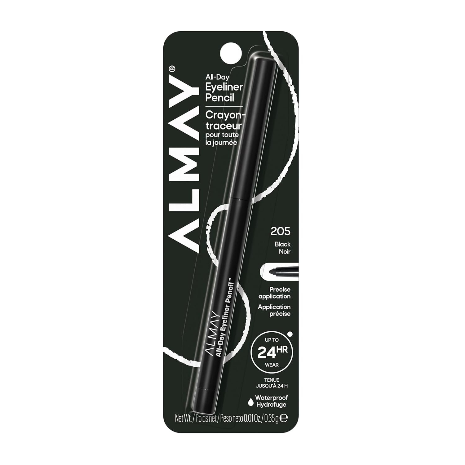 Almay All-Day Eyeliner Pencil, 205 Black, 0.01 oz | Waterproof, no-fade eyeliner glides on smoothly. Built-in sharpener. Up to 24HR wear. Hypoallergenic. Cruelty-free.