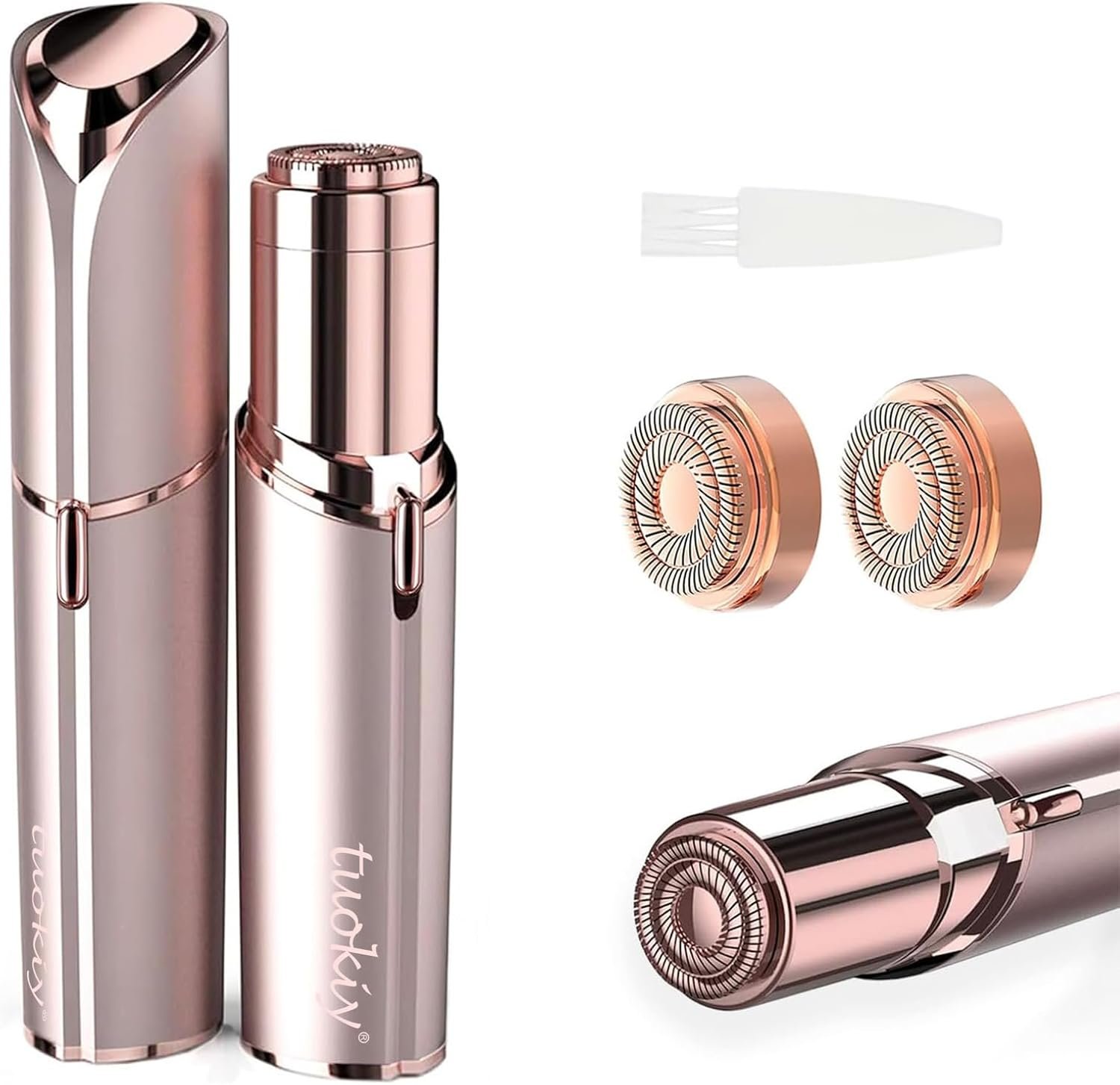 tuokiy Battery Operated Facial Hair Remover for Women, 2 Replacement Heads | LED reveals fine hairs, Face shaver for peach fuzz/Upper/Lip/Chin, Facial hair removal for women, On-the-Go, Rose Gold