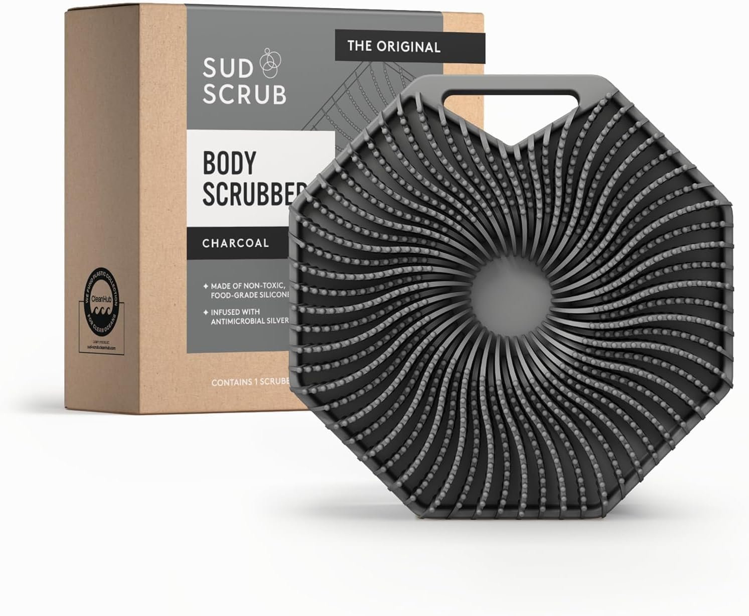 Sud Scrub® Antimicrobial Silicone Body Scrubber, Exfoliating Body Brush for Sensitive Skin, Antibacterial Shower Scrubber for Body, Bathroom Essentials for Men & Women, Charcoal