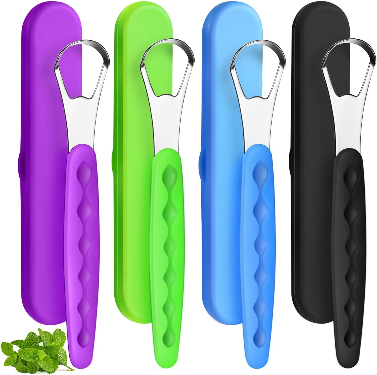 4 Pcs Tongue Scraper Cleaner Adults Kids,Green, Blue, Black and Purple | Stainless Steel Tongue Brush, Metal Scraper, Reduce Bad Breath, with Travel Cases