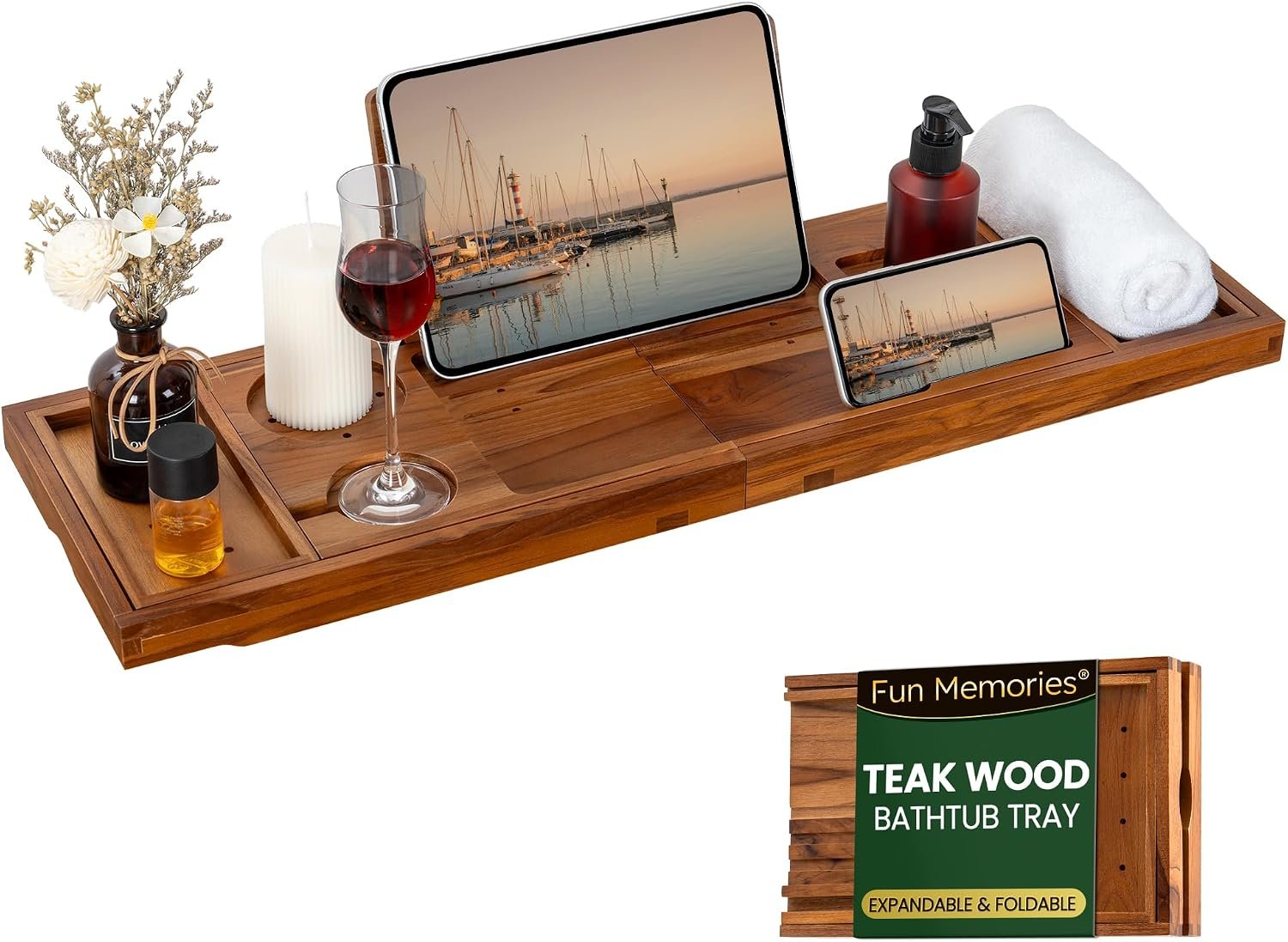 Teak Bathtub Tray – Luxury Bath Tray with Expandable Handles, Wine Glass and Phone Holders, Book Stand – Perfect for Home Spa Relaxation and Reading – Natural Bath Accessories – Light Walnut Color
