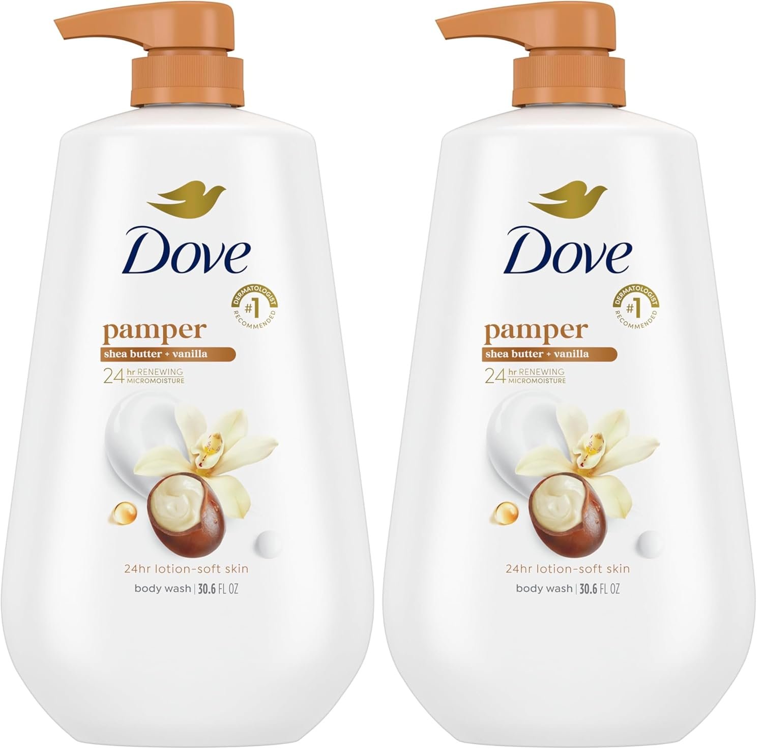 Dove Body Wash with Pump Pamper Shea Butter & Vanilla for 24hr Lotion-Soft Skin Moisturizing Skin Cleanser with No Sulfates No Parabens 30.6 oz (Pack of 2)