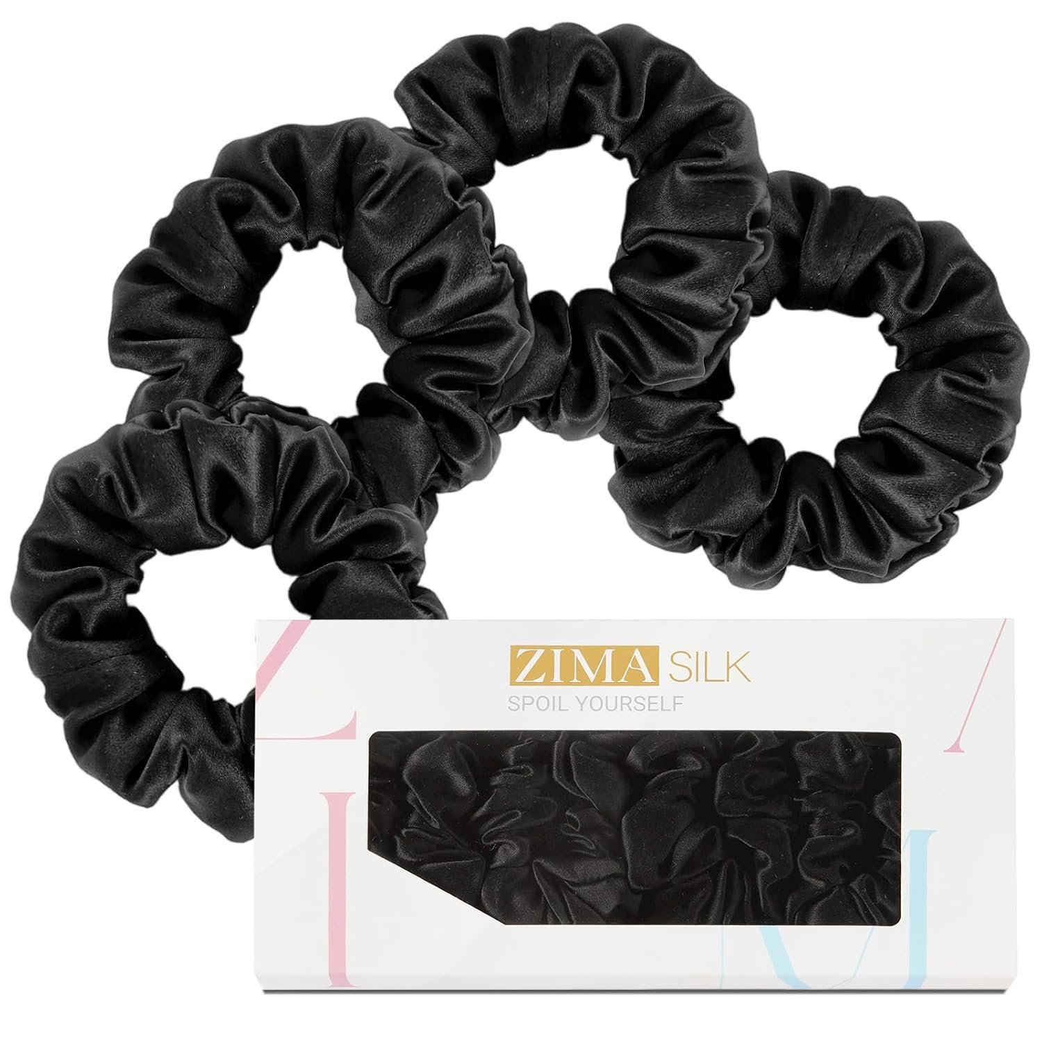 ZIMASILK 100% Pure Mulberry Silk Hair Scrunchies for Women | No Damage – Gentle Elastic Hair Ties for Ponytail Holder – Hair Accessories (4 Pack, Black)