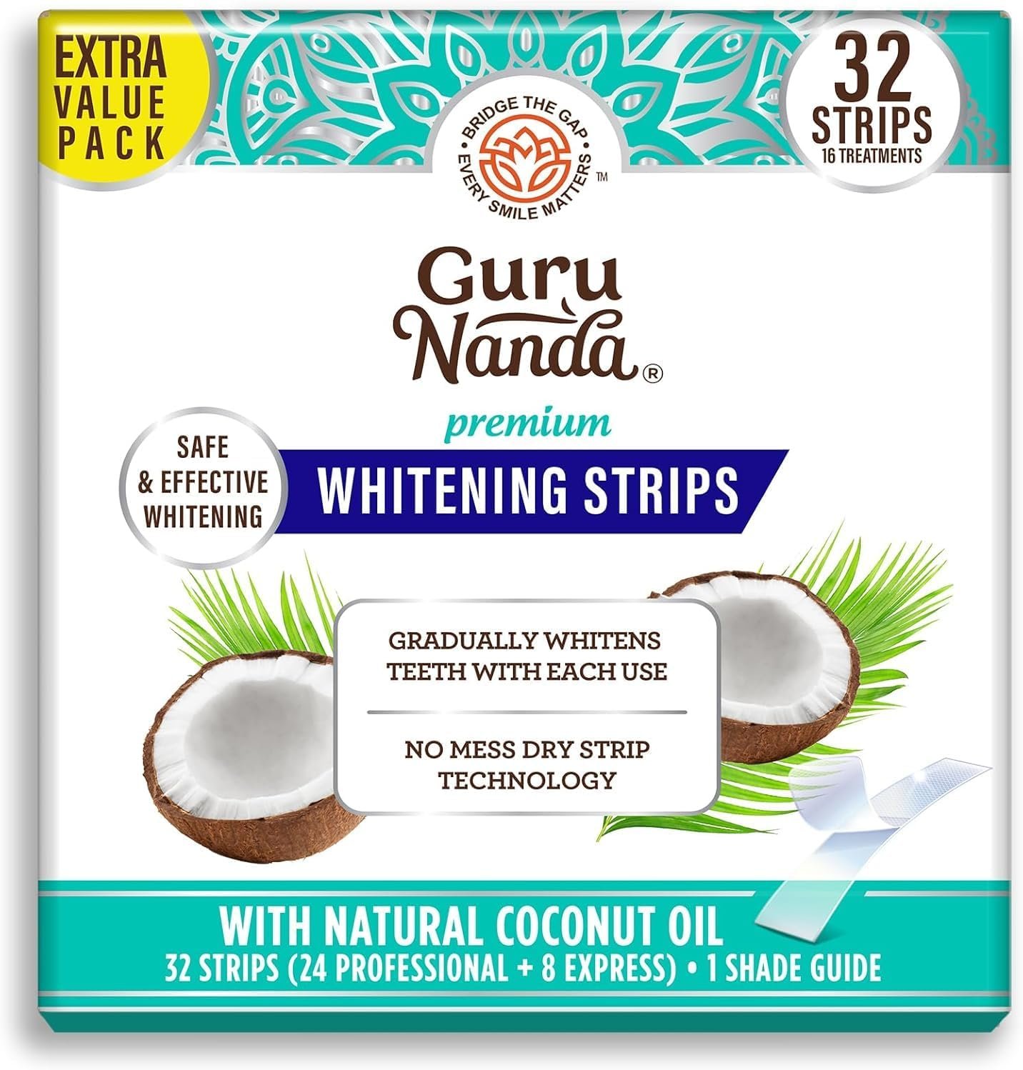 GuruNanda Teeth Whitening Strips Kit – 16-Day Treatment with Non-Slip, Dry Strip Technology – Whitening Designed with Care for a Brighter Smile