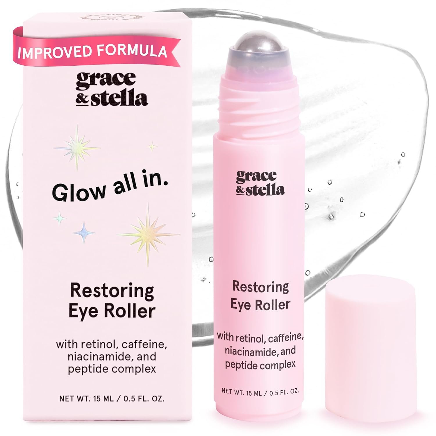 grace & stella Award Winning Under Eye Brightener Roller | Travel Size Toiletries – Retinol & Caffeine Eye Serum for Puffiness, Dark Circles, Wrinkles -Vegan Skincare (15ml / 0.51floz)