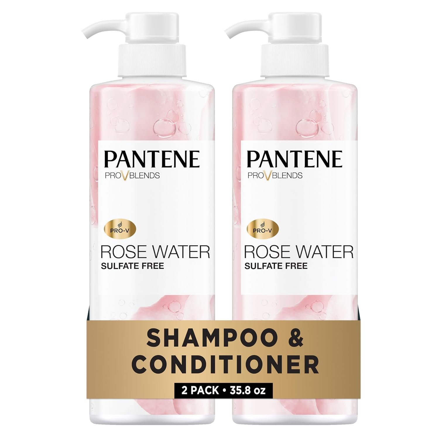 Pantene Sulfate Free Shampoo and Conditioner Set, Rose Water, Soothing and Moisturizing, Infused with Vitamin B5, for all Hair Types, Safe for Color Treated Hair, Pro-V Blend, 17.9 Fl Oz Each, 2 Pack