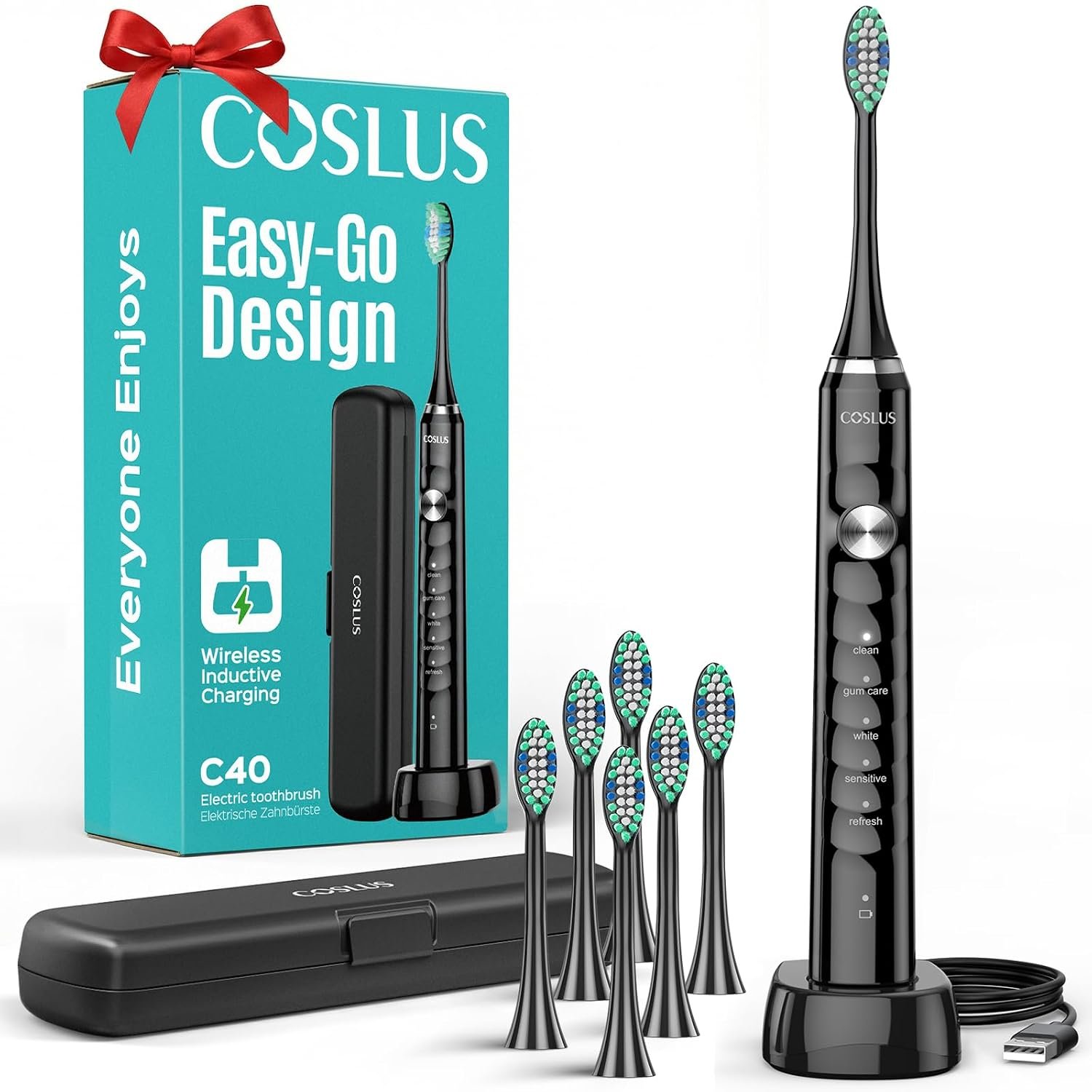 COSLUS C40 Sonic Electric Toothbrush for Adults, 47000VPM for Deep Cleaning | Portable Travel Case – 5 Modes for Sensitive Teeth & Brace, Wireless Charging, 6 Brush Heads for Family, Black, 1PC