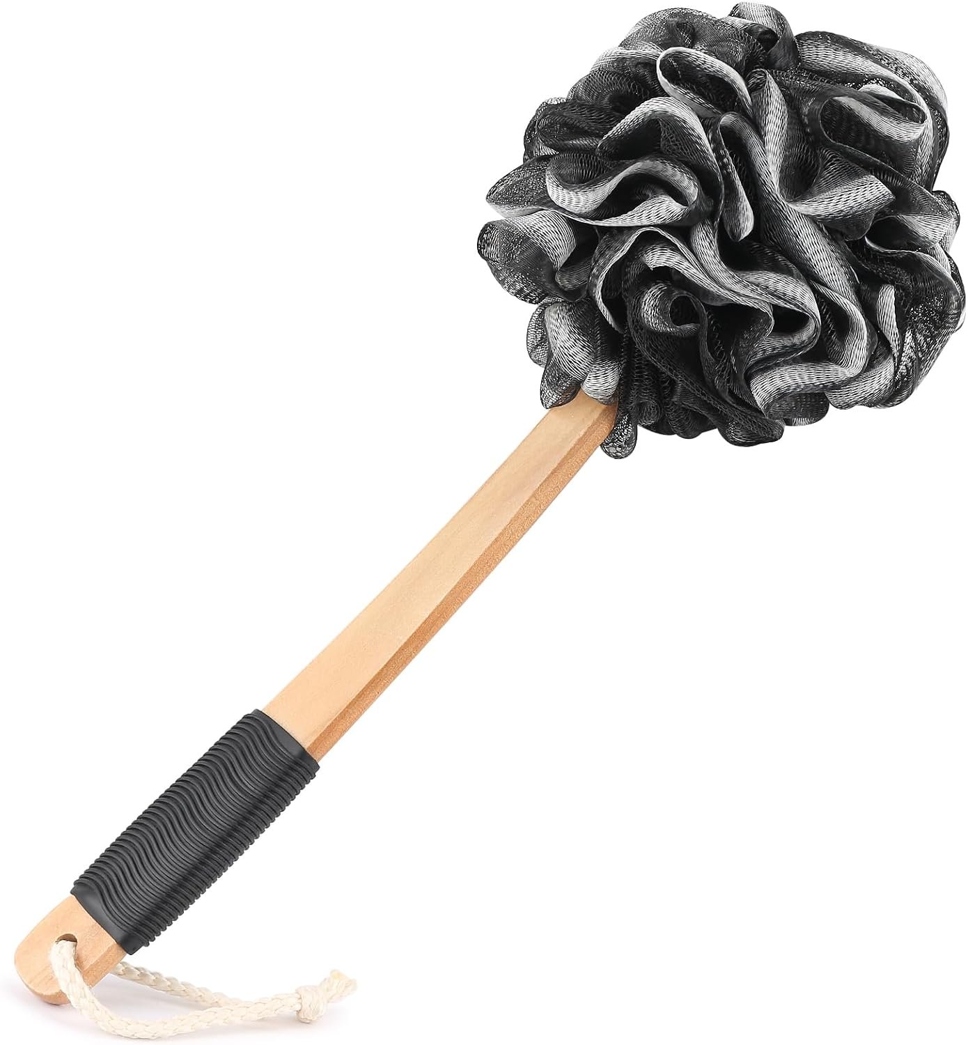 FORENEE Black Loofah on a Stick, PE Mesh Back Scrubber with Wood Handle | Soft PE mesh creates rich lather for gentle cleansing; water-resistant coated wood handle, rubber grip and hanging loop.