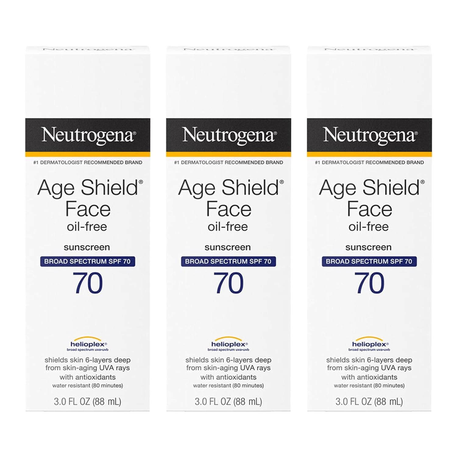 Neutrogena Age Shield Face Oil-Free Sunscreen Lotion with Broad Spectrum SPF 70, Non-Comedogenic Moisturizing Sunscreen to Help Prevent Signs of Aging, PABA-Free, 3 fl. oz (Pack of 3)