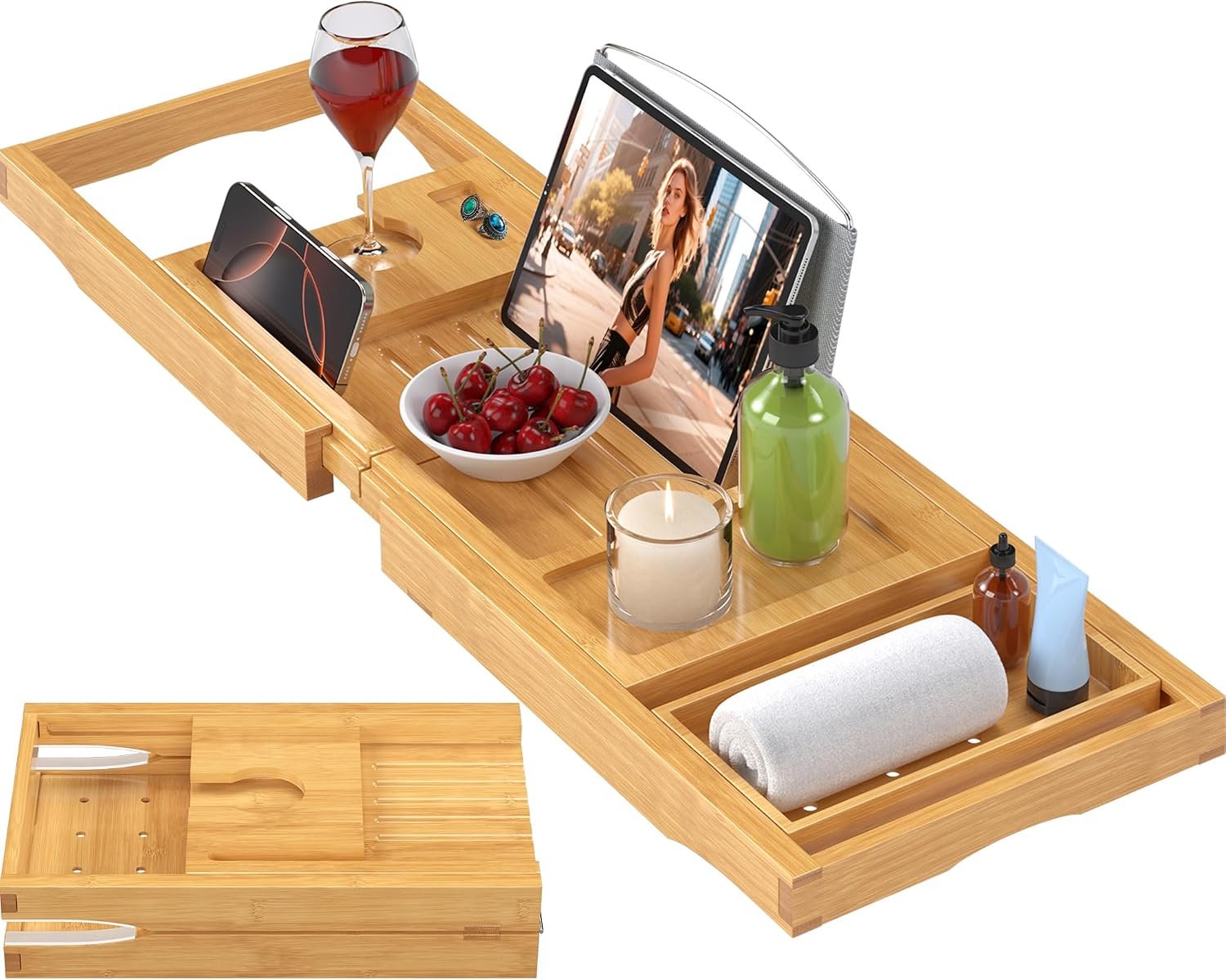 Bamboo Bathtub Tray Caddy, Foldable Bath Tray for Tub | Expandable Bath Table Trays, Bathtub & Bathroom Accessories for New Home/Mothers Day/Birthday Gifts for Couples, Natural