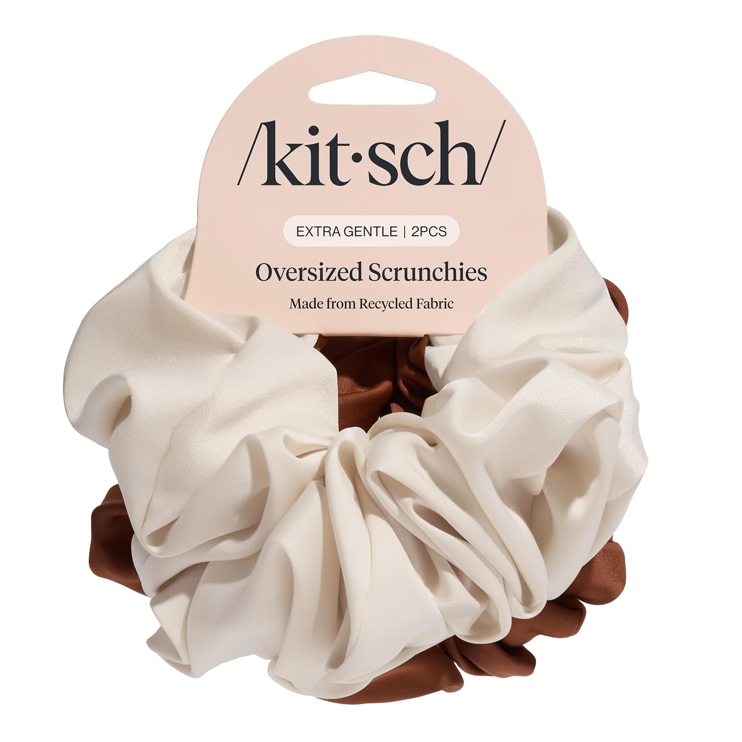 Kitsch Recycled Satin Oversized Scrunchies – Camel & Cream, 2pcs | Wake Up Frizz-Free, No Crease Large Hair Ties, Softer Than Silk Scrunchies, Stylish Hair Accessories For All Hair Types
