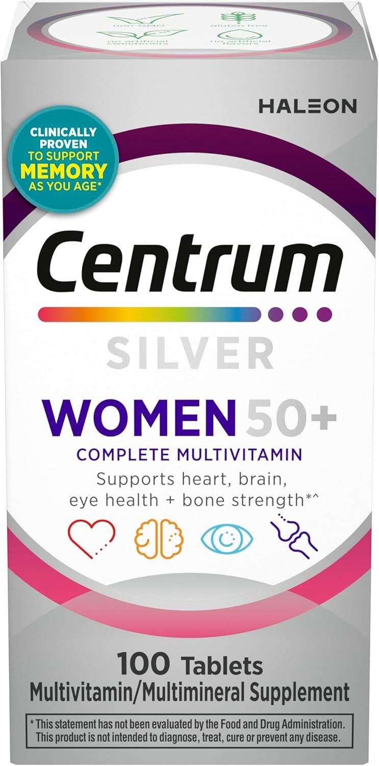 Centrum Silver Women’s Multivitamin for Women 50 and Over, 100 Tablets | Contains Vitamin D3, B Vitamins, Calcium, and Antioxidants, Non-GMO Ingredients, Supports Memory and Cognition, GLP-1 Support