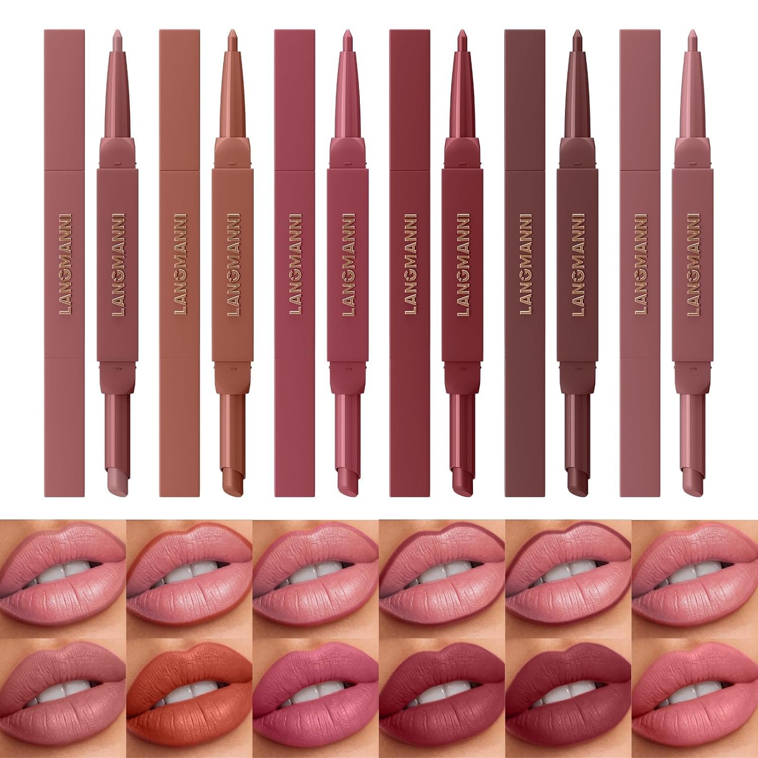 LANGMANNI 2-in-1 Lipstick & Lip Liner Set,6 Colors Gift Set|Angled Lipstick+Matching Lipliner Pencil|Velvet Matte Finish,Long-Lasting & Smudge-Resistant|All-in-One Lip Makeup Kit for Women(#A)
