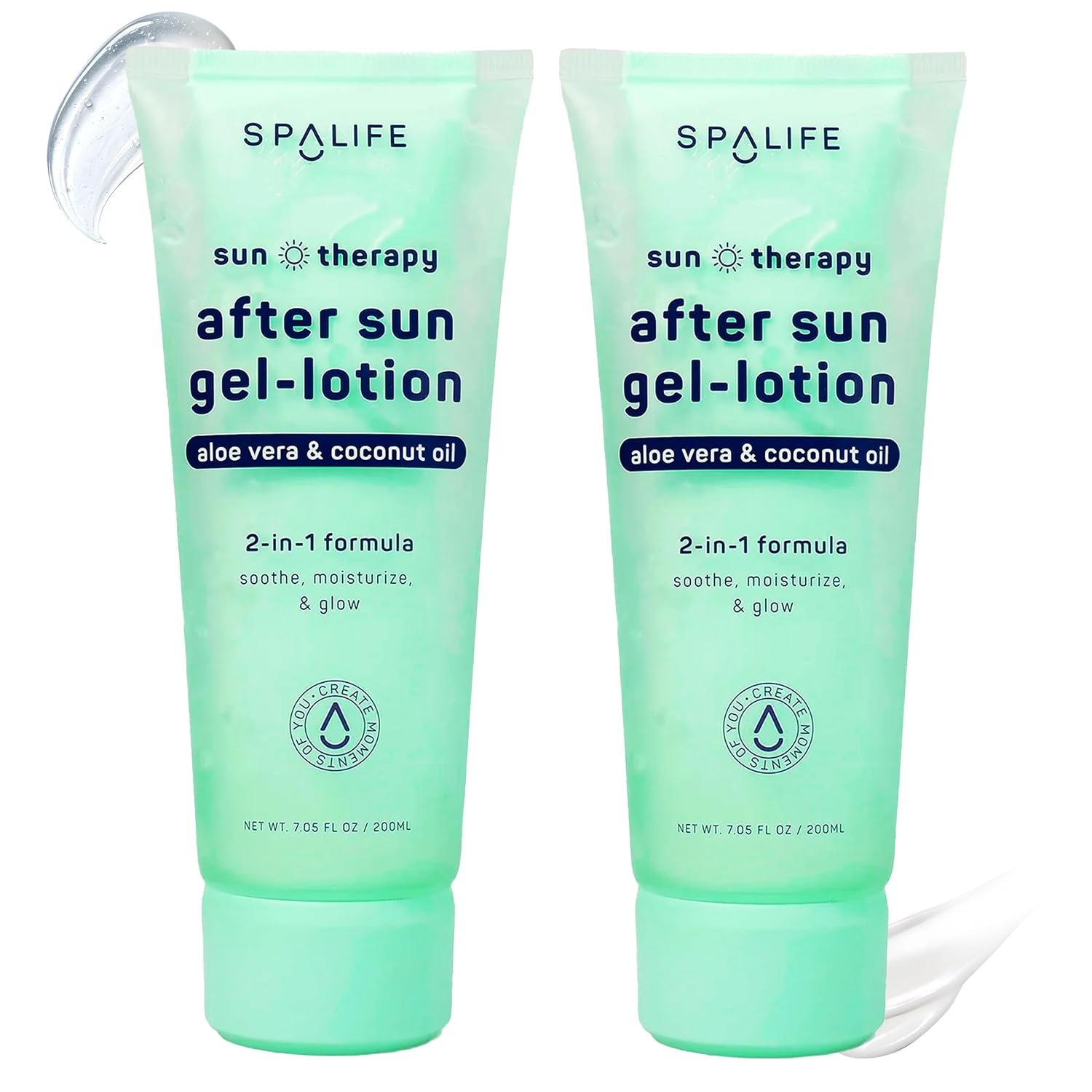 SpaLife 2-in-1 Cooling After Sun Aloe Vera Gel & Coconut Oil Moisturizer | Hydrating Aloe Vera After Sun Lotion | Soothing & Fast Absorbing After Sun Burn Relief | 7.05 Fl. Oz. (Pack of 2)