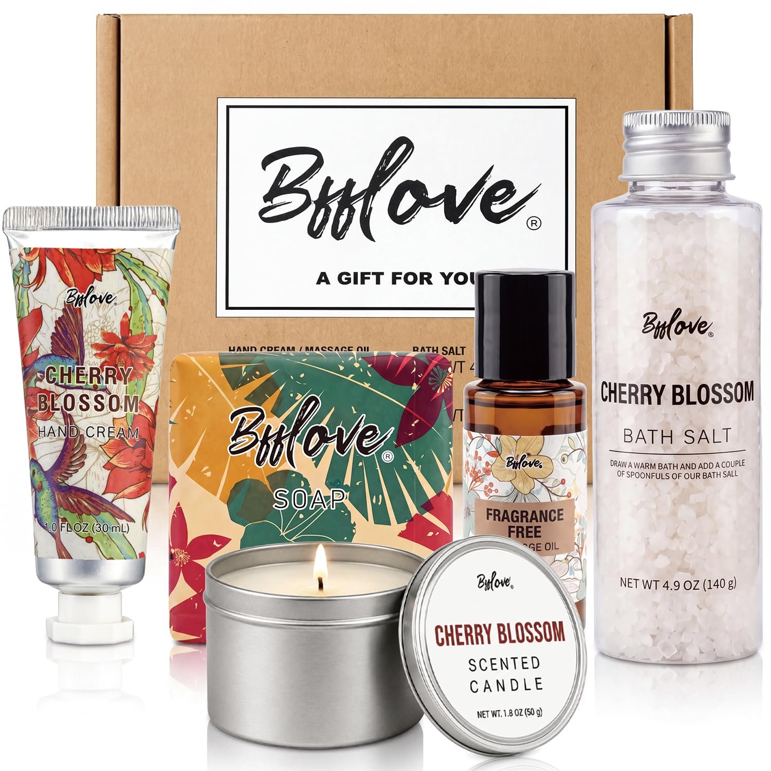 BFFLOVE Gift Set for Women 5pcs Cherry Blossom Spa Set, Birthday Presents for Her with Massage Oil, Scented Candle, Bath Salts, Hand Cream, Mothers’ Day Gifts for Her