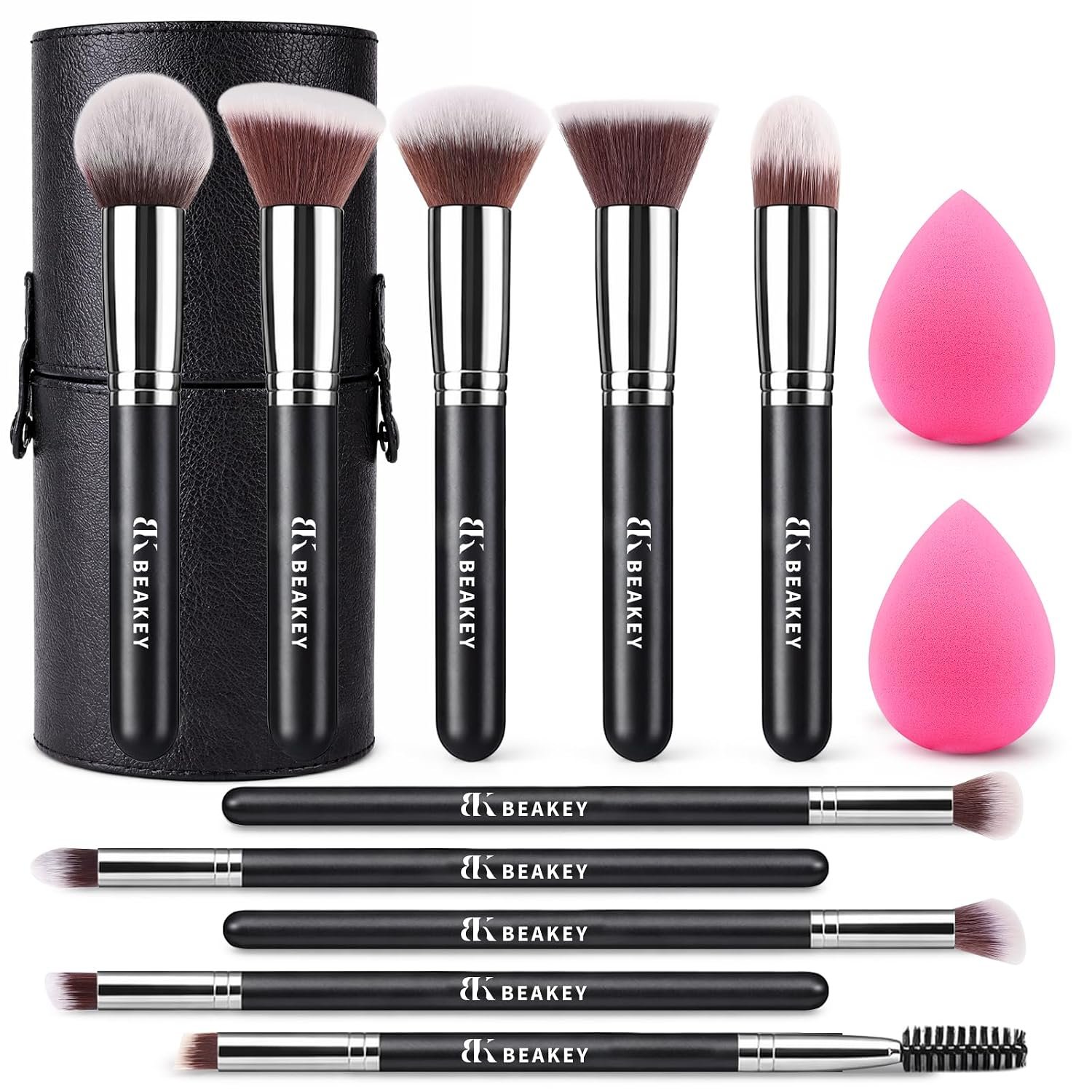 BEAKEY Makeup Brush Set,13 Pcs with Case,10 Brushes and 2 Sponges | Soft synthetic bristles,foundation brush for liquid makeup,eye shadow brushes set,blush brush cream,travel makeup brush set