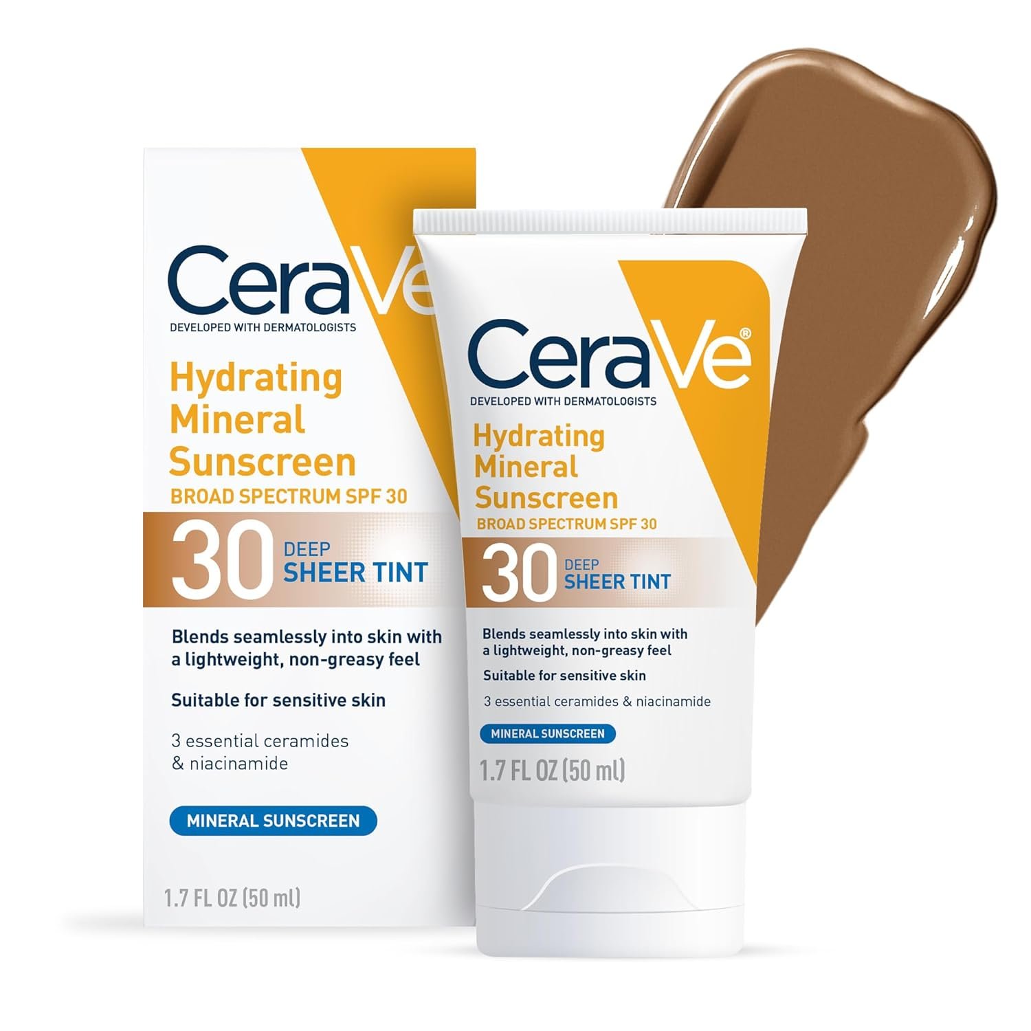 CeraVe Tinted Sunscreen for Face, Mineral SPF 30 Moisturizer, Deep, 1.7oz | Skin Care, Face Sunscreen, Hyaluronic Acid, Zinc Oxide, Titanium Dioxide, Sheer Tint, Healthy Glow, Blends Seamlessly