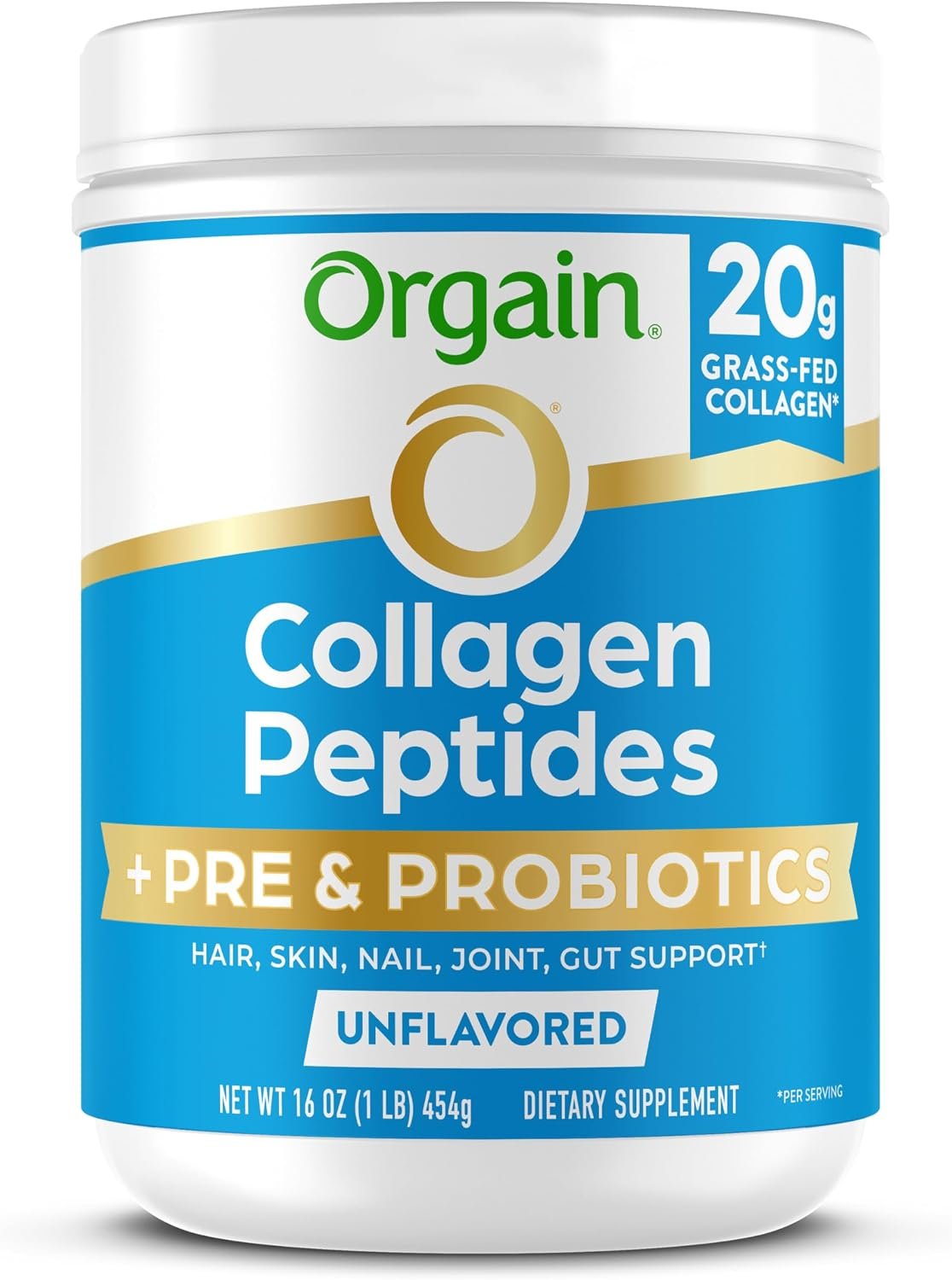 Orgain 20g Collagen Peptides + Prebiotic & Probiotics Powder, 1lb | Grass fed hydrolyzed collagen with 1 billion CFU, type I & III for women & men supports digestive, hair, skin & joint health