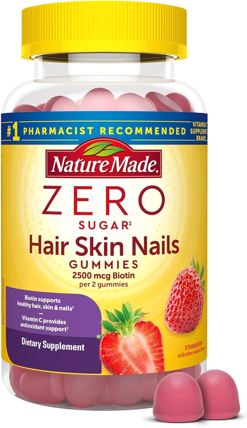 Nature Made Zero Sugar Hair Skin Nails Gummies, 120 Sugar Free Gummies | Biotin 2500 mcg per Serving, Support Healthy Hair, Skin and Nails, Strawberry Flavor, 60 Day Supply
