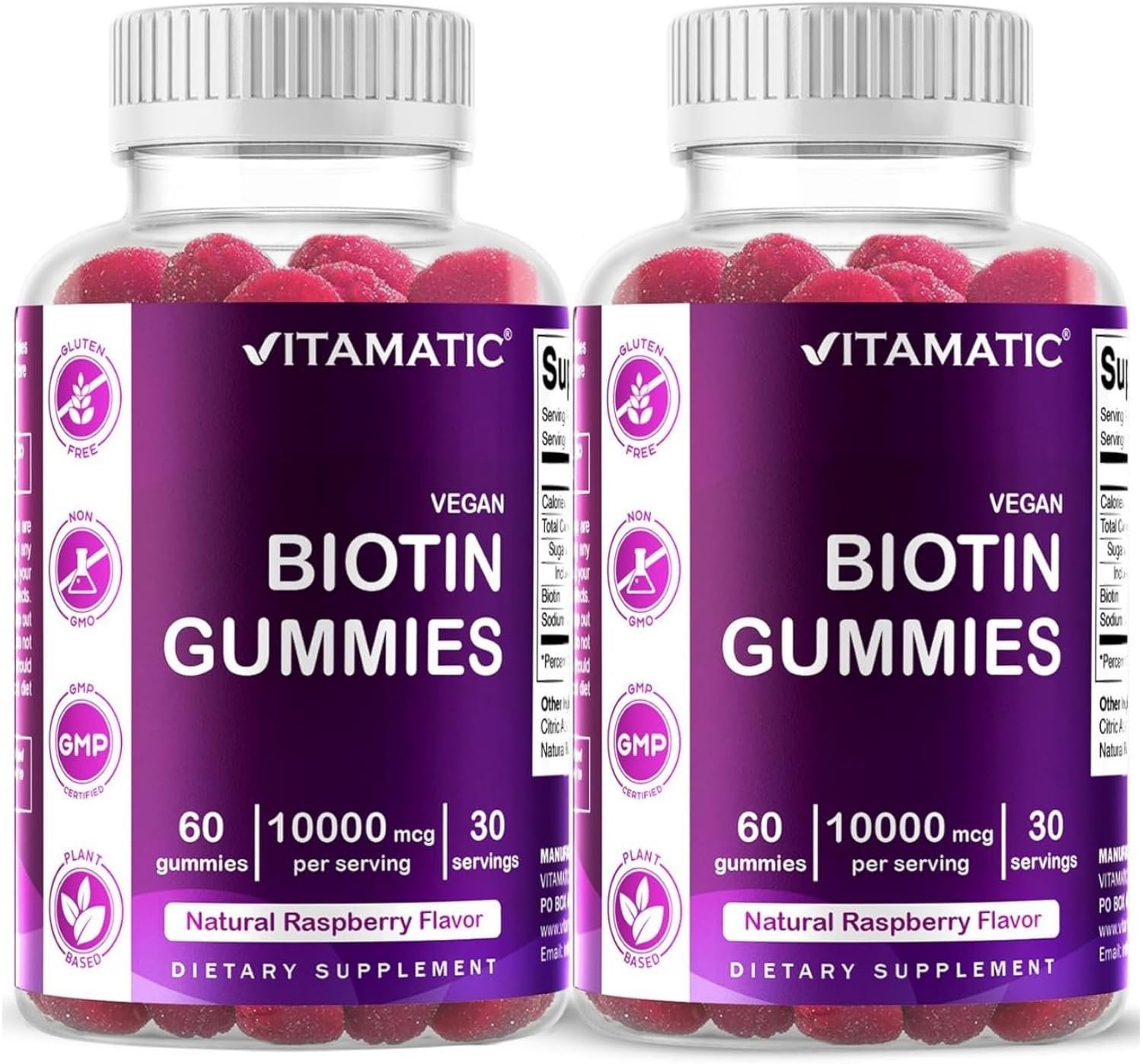 Vitamatic Biotin 10,000 mcg, 60 Vegan Gummies, Raspberry Flavor-2 Pack | 10000 mcg Per Serving, Natural Raspberry Flavor, Pectin Based, Non-GMO, Gluten Free, GMP Certified