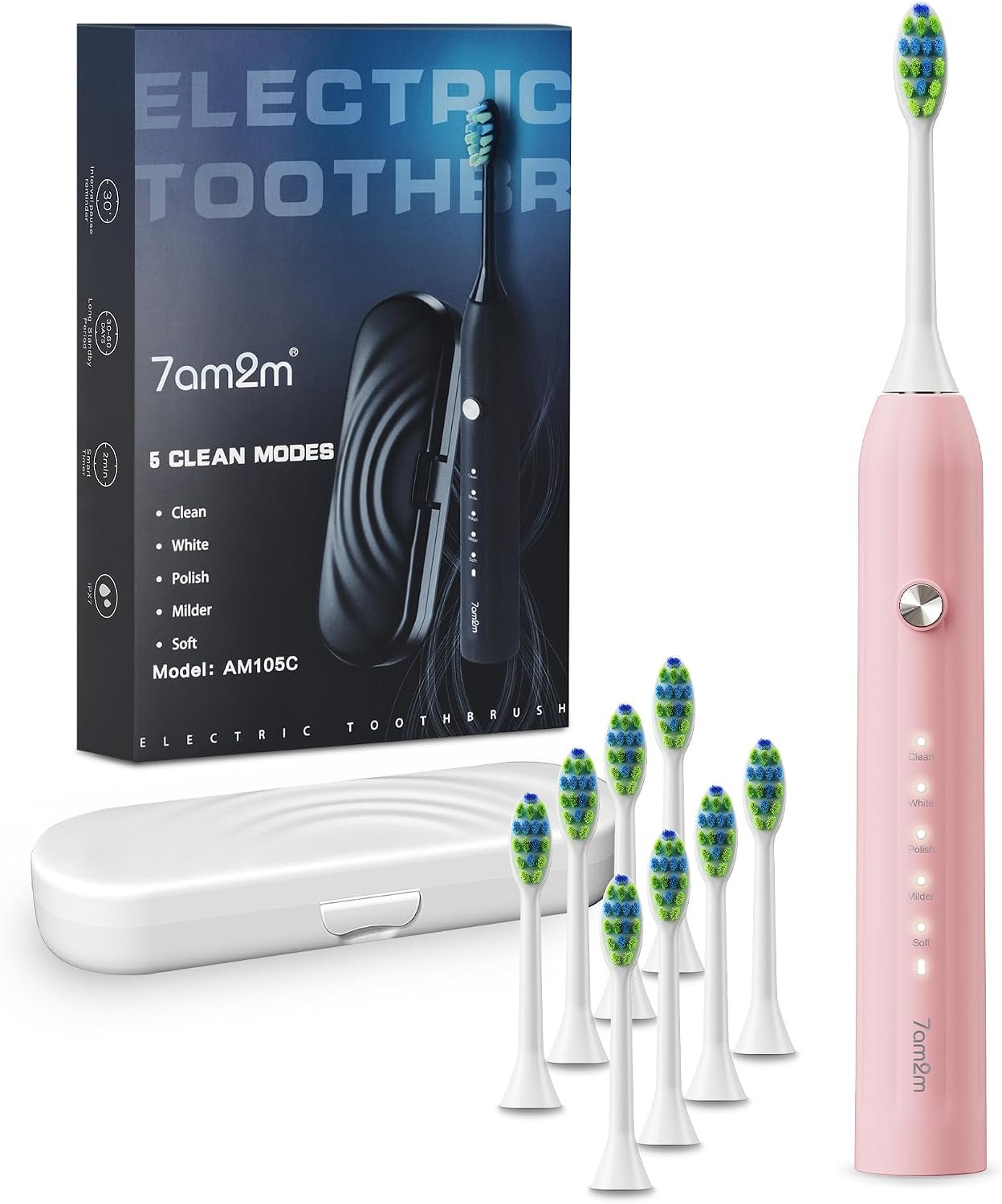 7AM2M Sonic Electric Toothbrush for Adults&Kids, 8 Brush Heads&Travel Case | 5 Modes, 2-Minute Smart Timer, One Charge Use for 90 Days, Powered Rechargeable Toothbrush, IPX7 Waterproof, Pink