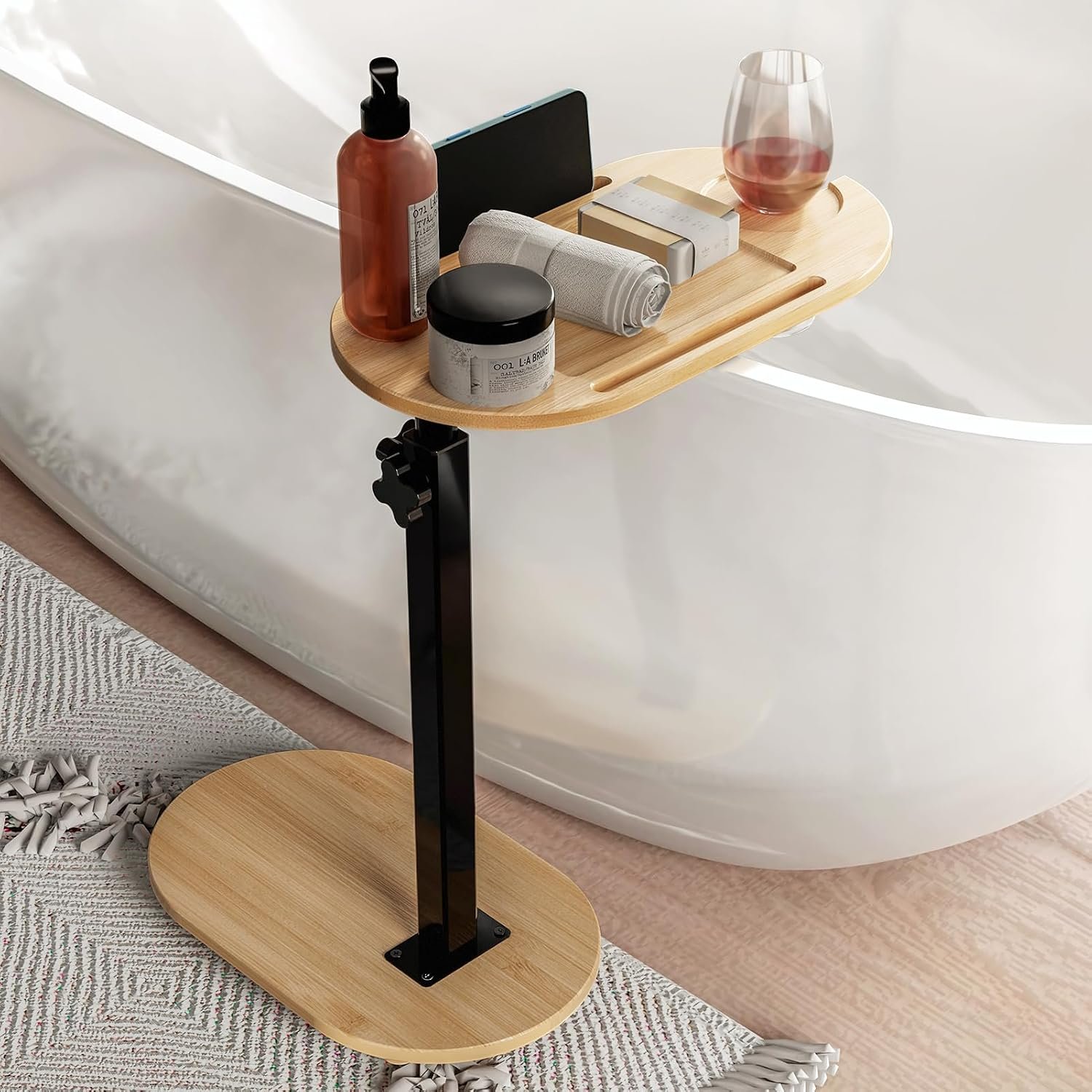 Bamboo Bath tub Tray Table with Adjustable Height | Freestanding Bathtub Tray Bath Caddy Tray against Wall, Bathtub Side Table for Luxury Bath Patent Protected (Natural)