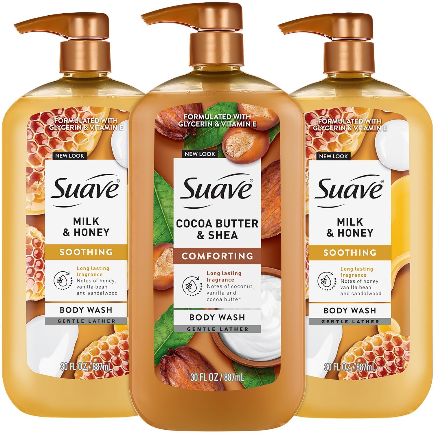 Suave Body Wash Variety Bundle – Milk & Honey 2-Pack & Cocoa Butter Shea, Gentle & Moisturizing Body Washes with Vitamin E, 30 Oz Ea (3 Piece Set)