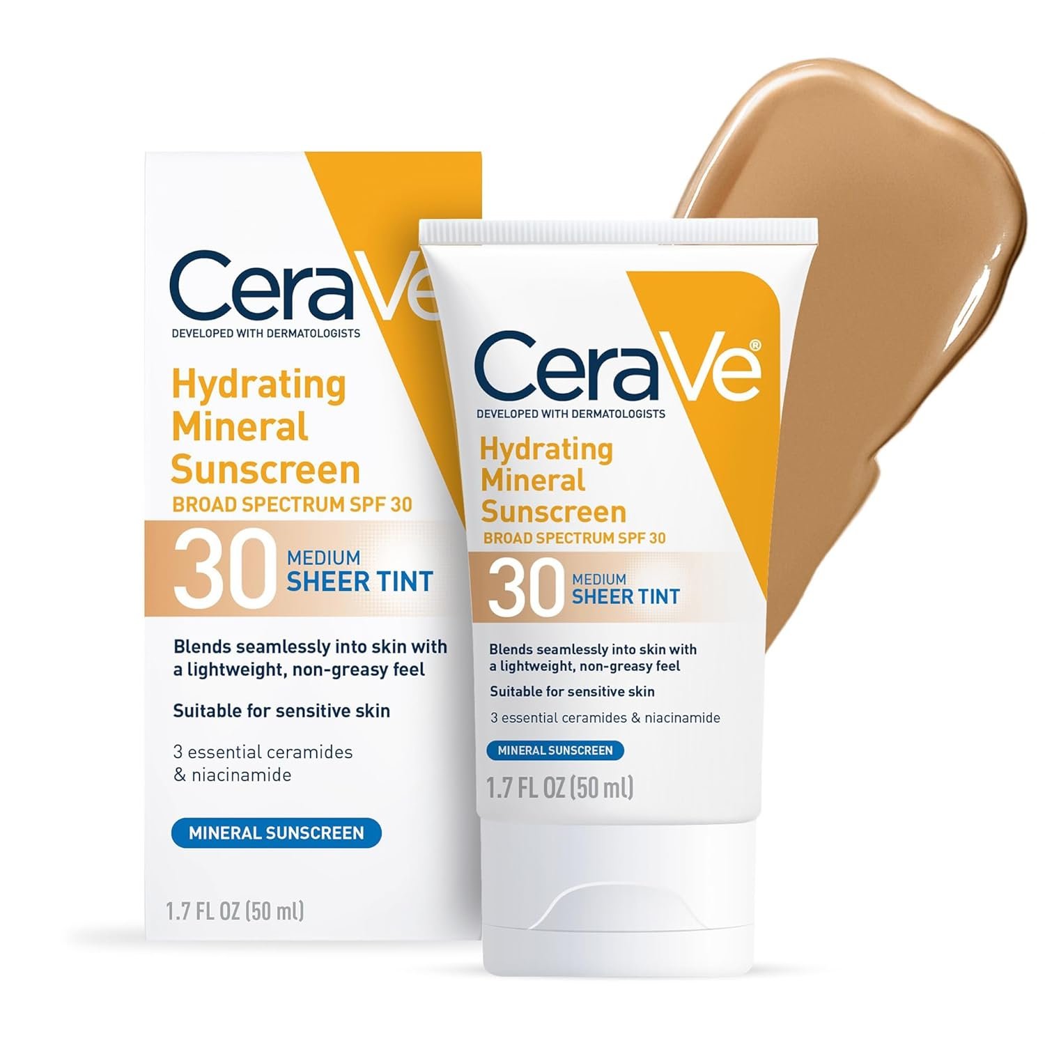 CeraVe Tinted Sunscreen for Face, Mineral SPF 30 Moisturizer, Medium, 1.7oz | Skin Care, Face Sunscreen, Hyaluronic Acid, Zinc Oxide, Titanium Dioxide, Sheer Tint, Healthy Glow, Blends Seamlessly