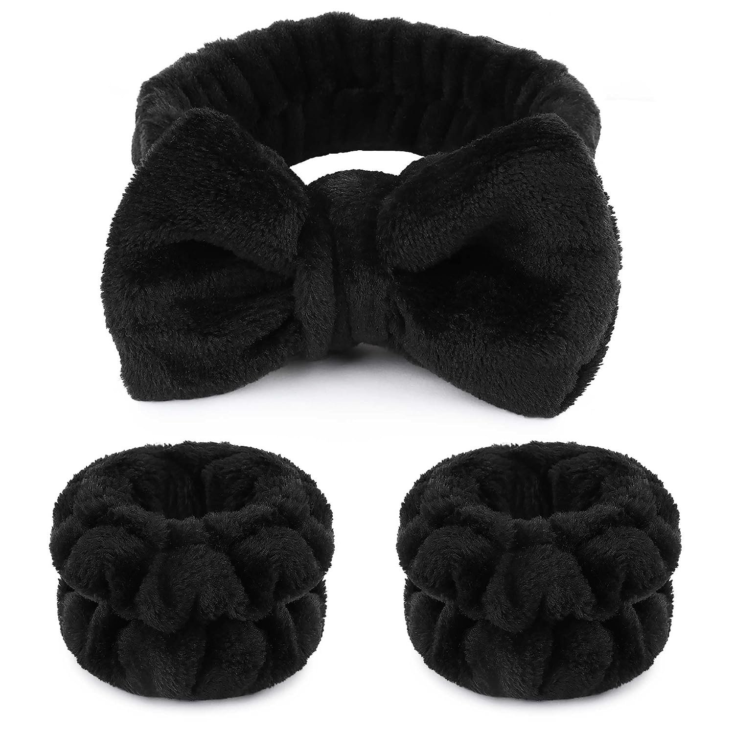 WSYUB Makeup Headbands,Black Spa Headband Wristbands for Washing Face | for Washing Face Skin Care, Fluffy|Bow Tie|Microfiber|Absorbent,