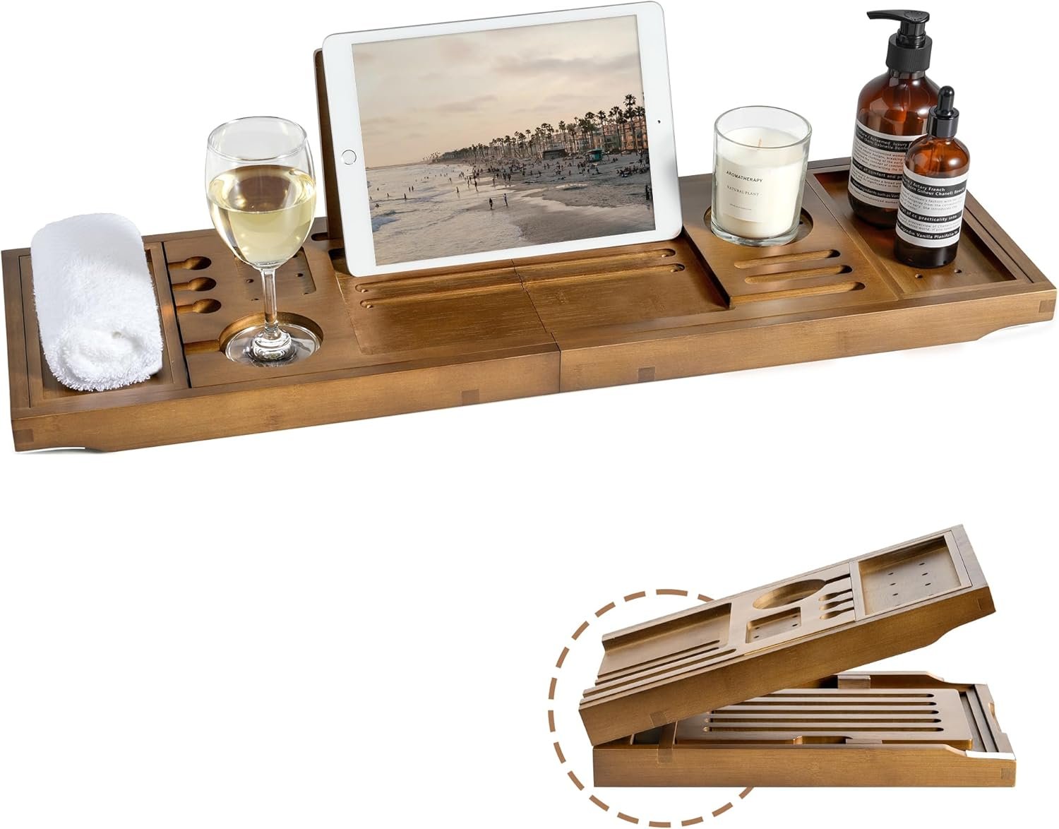 Bamboo Bathtub Tray Caddy, Adjustable 28.5-40″, Walnut Finish | Splash Proof, Non Slip Grip, Wine Glass Holder, Tablet Book Stand, Spa Bath Essentials Organizer