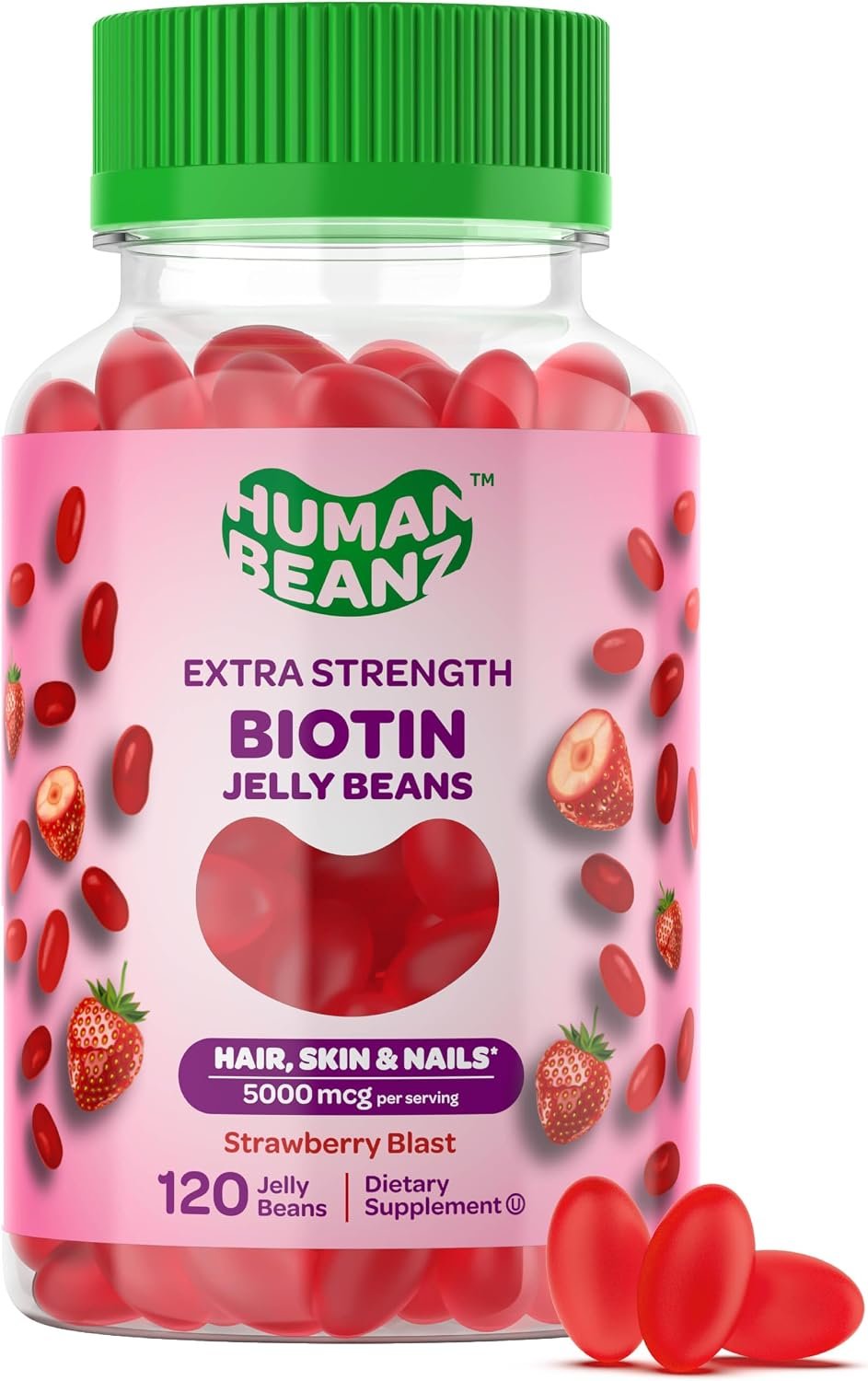 Human Beanz Biotin Jelly Bean Gummies 5000mcg, Hair Skin Nails, 120 Ct | Extra Strength, Hair Growth for Men and Women, Vegetarian, Kosher Vitamins, Strawberry Blast, 5000mcg per Serving, Daily