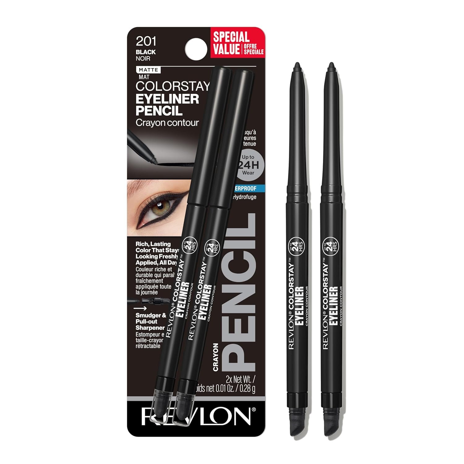 Revlon ColorStay Pencil Waterproof Eyeliner, 201 Black, 2 pack | Waterproof pencil eyeliner with built-in sharpener. Smudge-proof, long-lasting, intense matte color.
