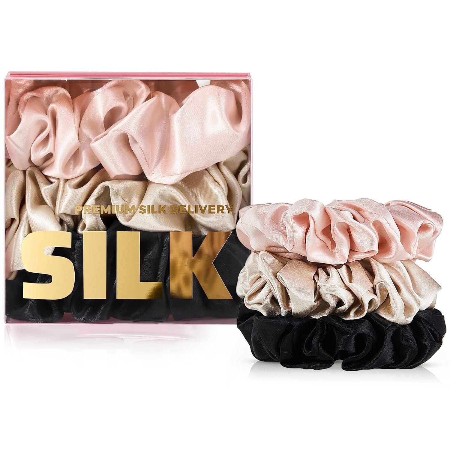 PILAVA Mulberry Silk Scrunchies for Curly Hair, 3 Pack Large Gift Set | 22 Momme 100% Mulberry Silk, Oversized No Crease Ponytail Holders, Gentle Hold for Sleeping, Thin Fine Hair