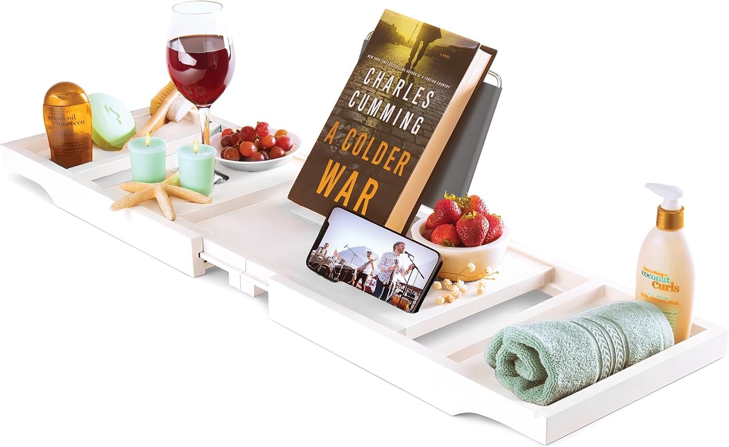 White Bathtub Tray for Tub – Bamboo Bath Tray, Expandable Wooden Bath Caddy Tray with Wine Holder, Book and Tablet Stand, Bathroom Accessories, Tub Table, Bridal Shower Gifts for Women