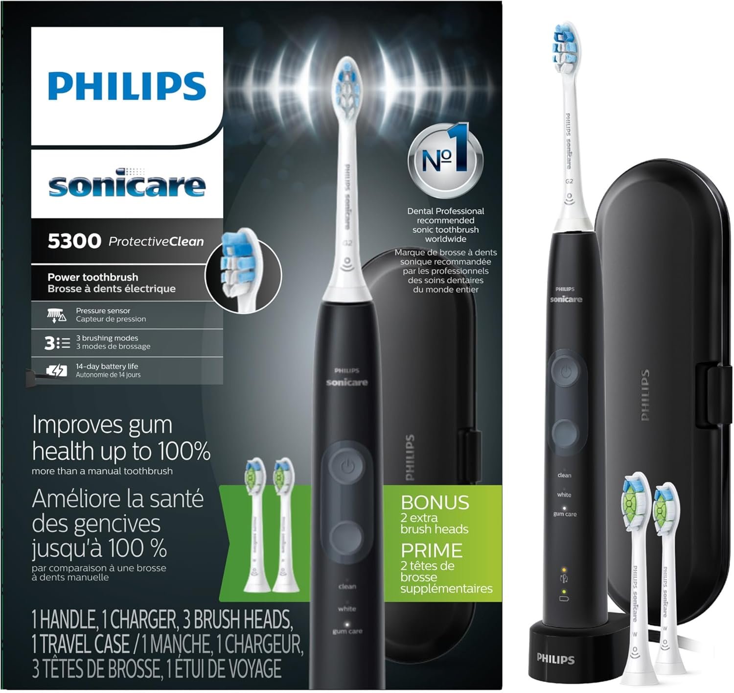 Philips Sonicare 5300 Rechargeable Electric Toothbrush, 3 Brush Head, Black | 700% More Plaque Removal¹, Visual Pressure Sensor, 3 Brush Settings, 14-Day Battery, Travel Case, HX6423/34