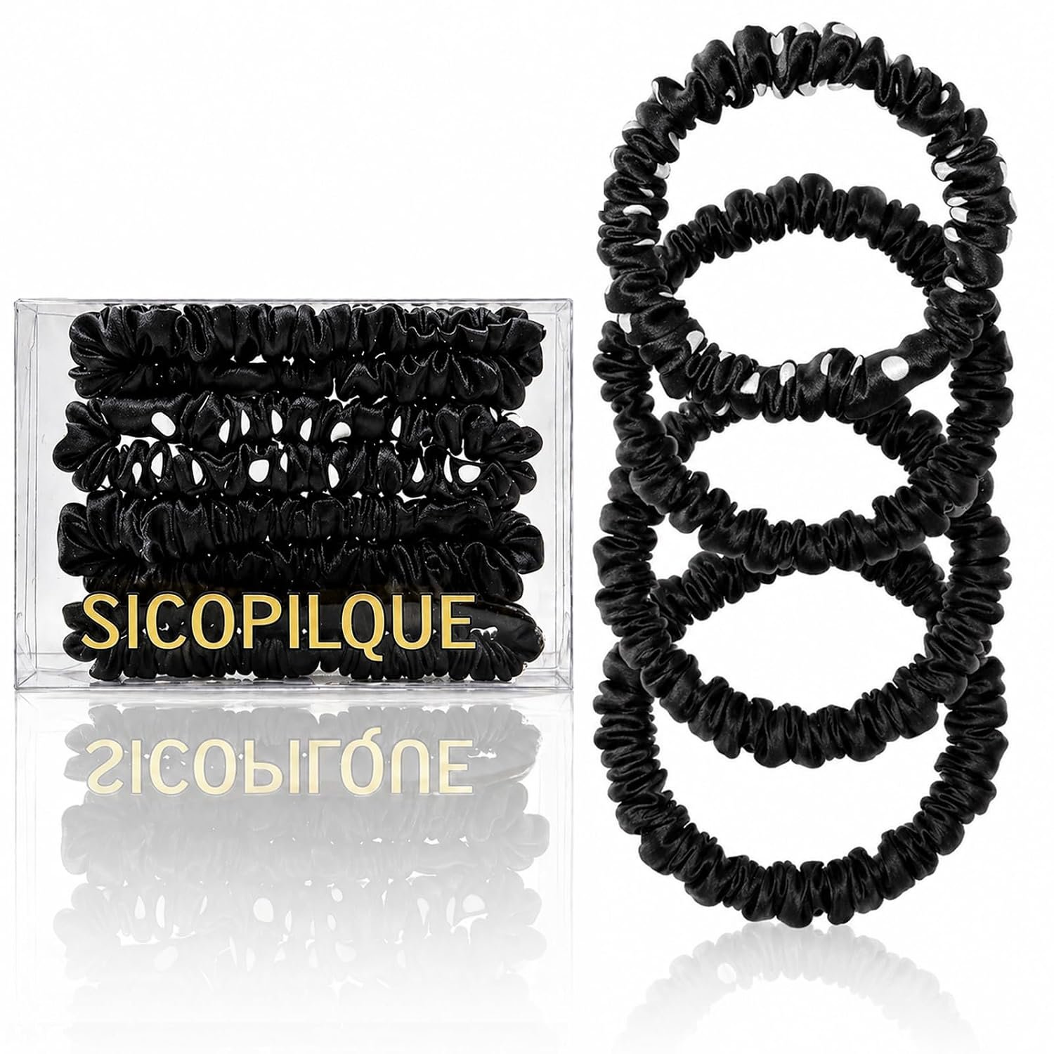 Silk Scrunchies for Hair, 100% Pure Mulberry Silk Hair Ties, 4 Pack (3 Black, 1 Polka Dot), Gentle on Hair, Reduces Pulling, Creases and Breakage, Thin Soft Elastic Bands for Women