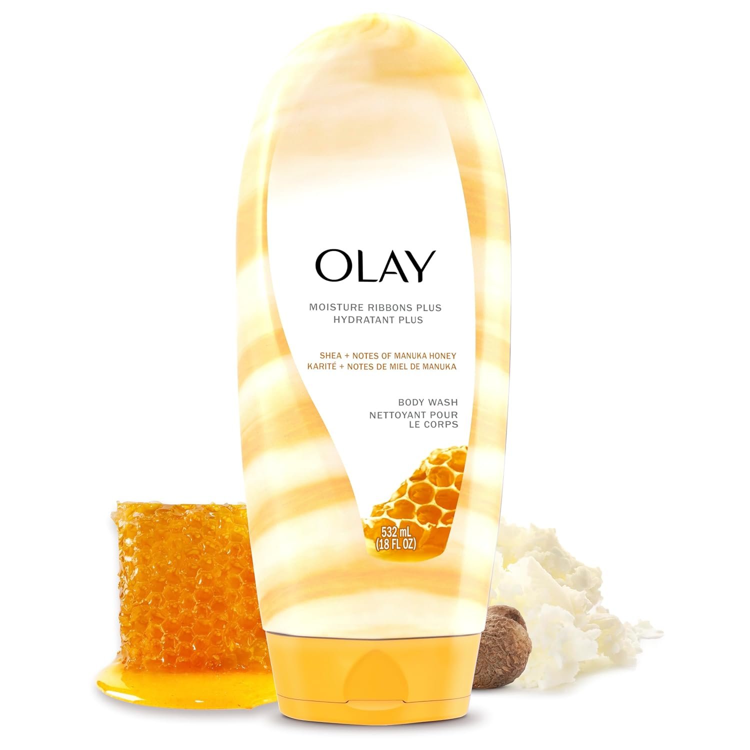 Olay Body Wash for Women, Moisture Ribbons Plus, Deep Conditioning & Moisturizing Formula, Long Lasting Smooth Soft Skin, For All Skin Types, Shea Butter & Manuka Honey Scent, 18 fl oz