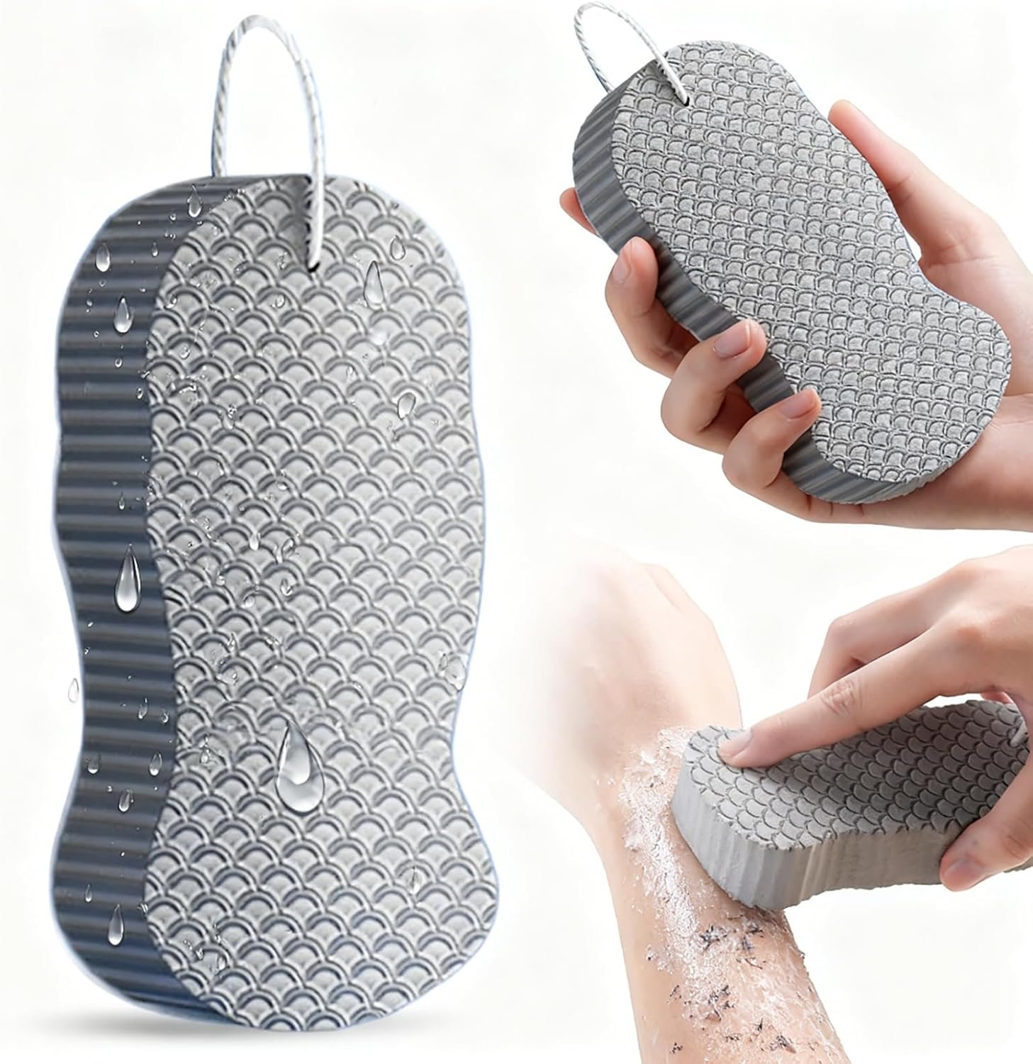 Magic Exfoliating Bath Sponge, 3D Super Soft Exfoliate Body Scrubber, Reusable Handheld Shower Brush Remover Dead Skin for Adults Women Men Cleansing Skin No Silicone Net Sponge (Grey)