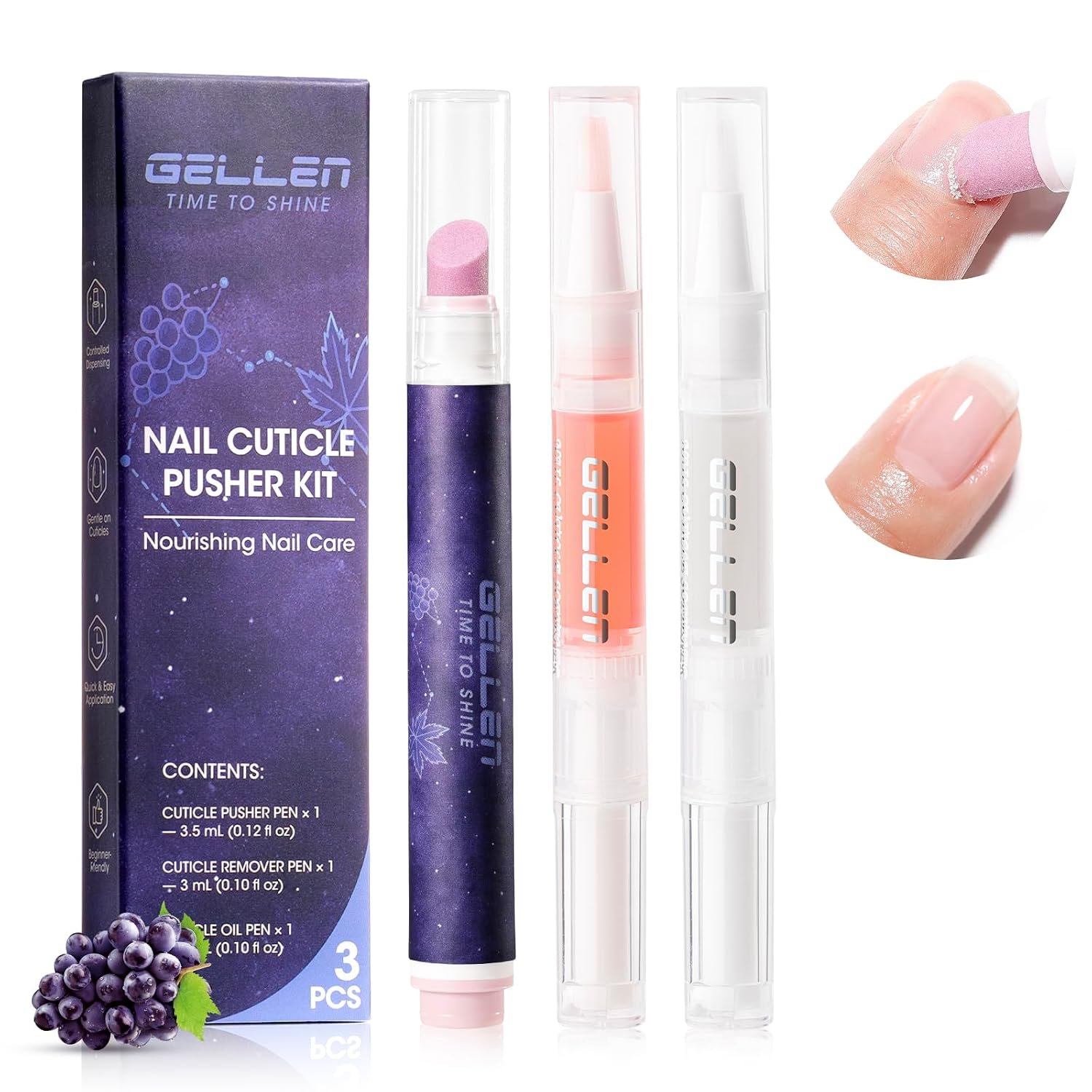 Gellen 3Pcs Cuticle Pusher Oil Pen Set, Vitamin E & Jojoba Oil, Easy & Portable | Ceramic Cuticle Remover Pen & Moisturizing Cuticle Oil Pen for Dry & Rough Nails, Nail Care Pens Set for Women & Gilrs