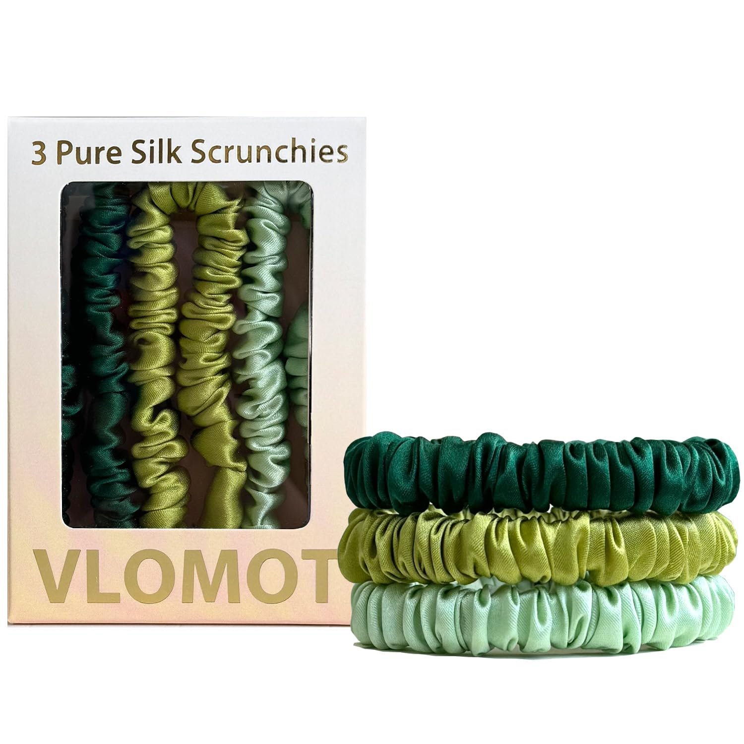 VLOMOT 3 Pcs Set 100% Pure Mulberry Silk Hair Scrunchies (Green) | Silk Hair Ties for Thin Hair with 3 Chic Colors Everyday Skinny Scrunchies Silk Ponytail Holders Hair Care No Damage