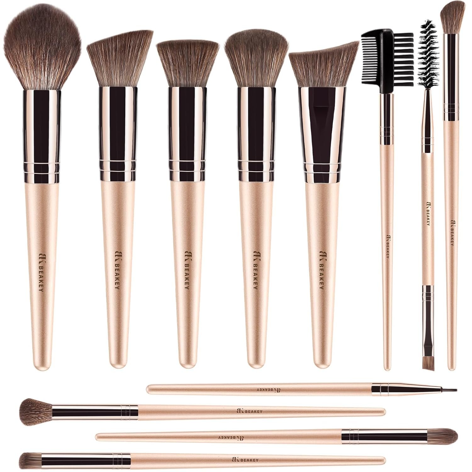 BEAKEY Makeup Brushes, 12-Piece Vegan Set for Foundation and Eyeshadow | Soft high-density Taklon fibers with durable birch handles, easy to clean for daily full-face makeup routines