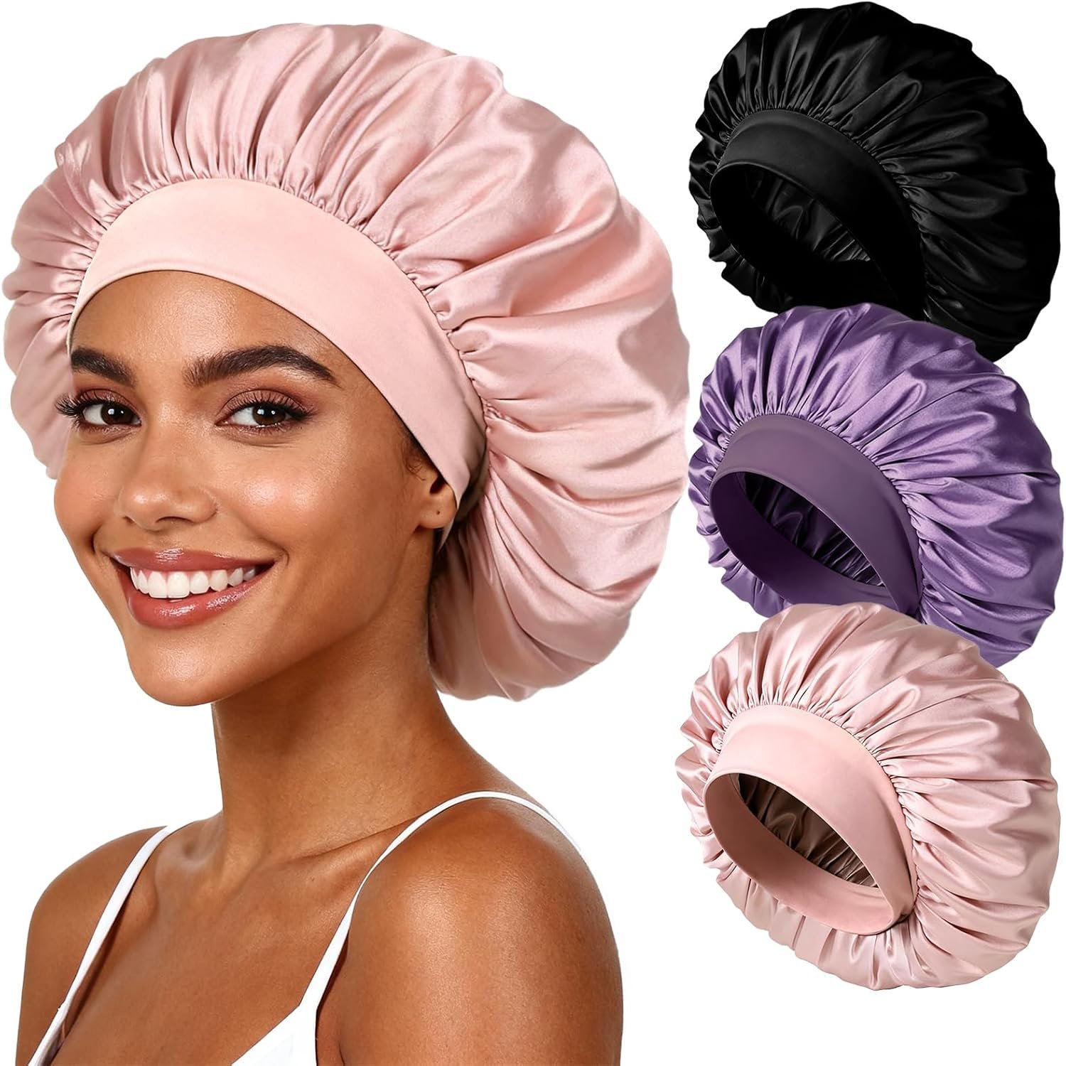 Yanideer 3 Pcs Satin Bonnet for Sleeping Double Layer Hair Bonnets for Women with Elastic Band
