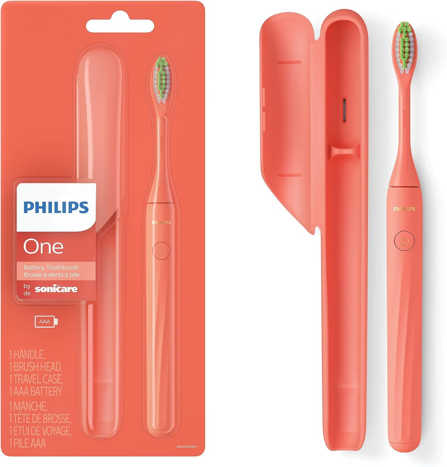 Philips One by Sonicare Battery Toothbrush, 1 Brush Head, Miami Coral | Micro-Vibration Cleaning, 2-Minute Guided Timer, Includes Travel Case, 1 Brush Head, HY1100/01